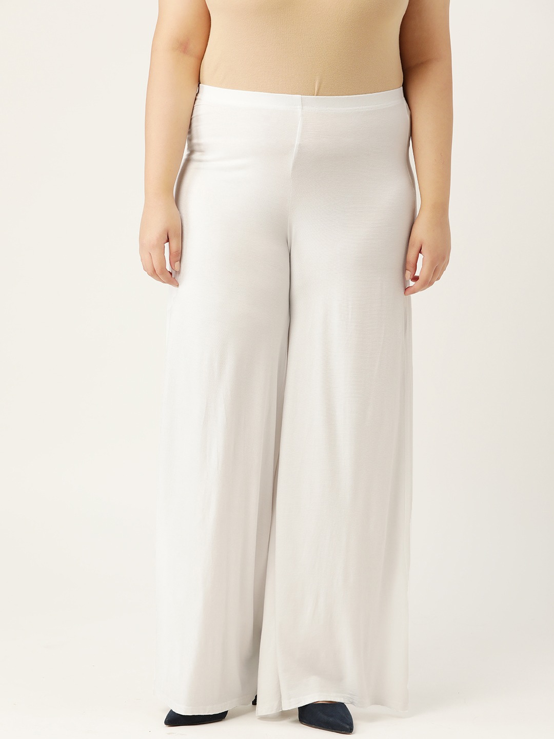 Women's Plus Size White Solid Color Knitted Flared Palazzo