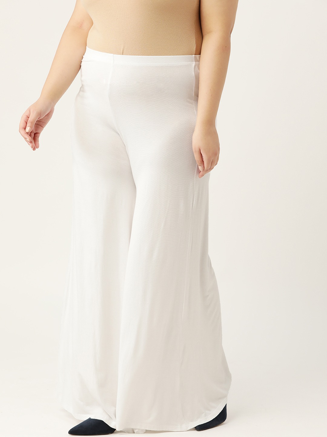Women's Plus Size White Solid Color Knitted Flared Palazzo