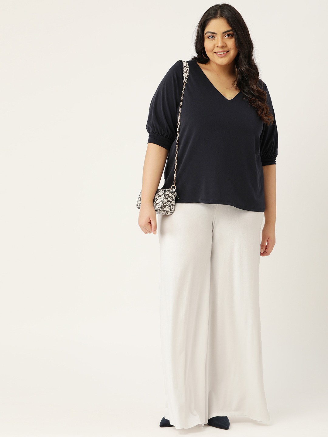 Women's Plus Size White Solid Color Knitted Flared Palazzo