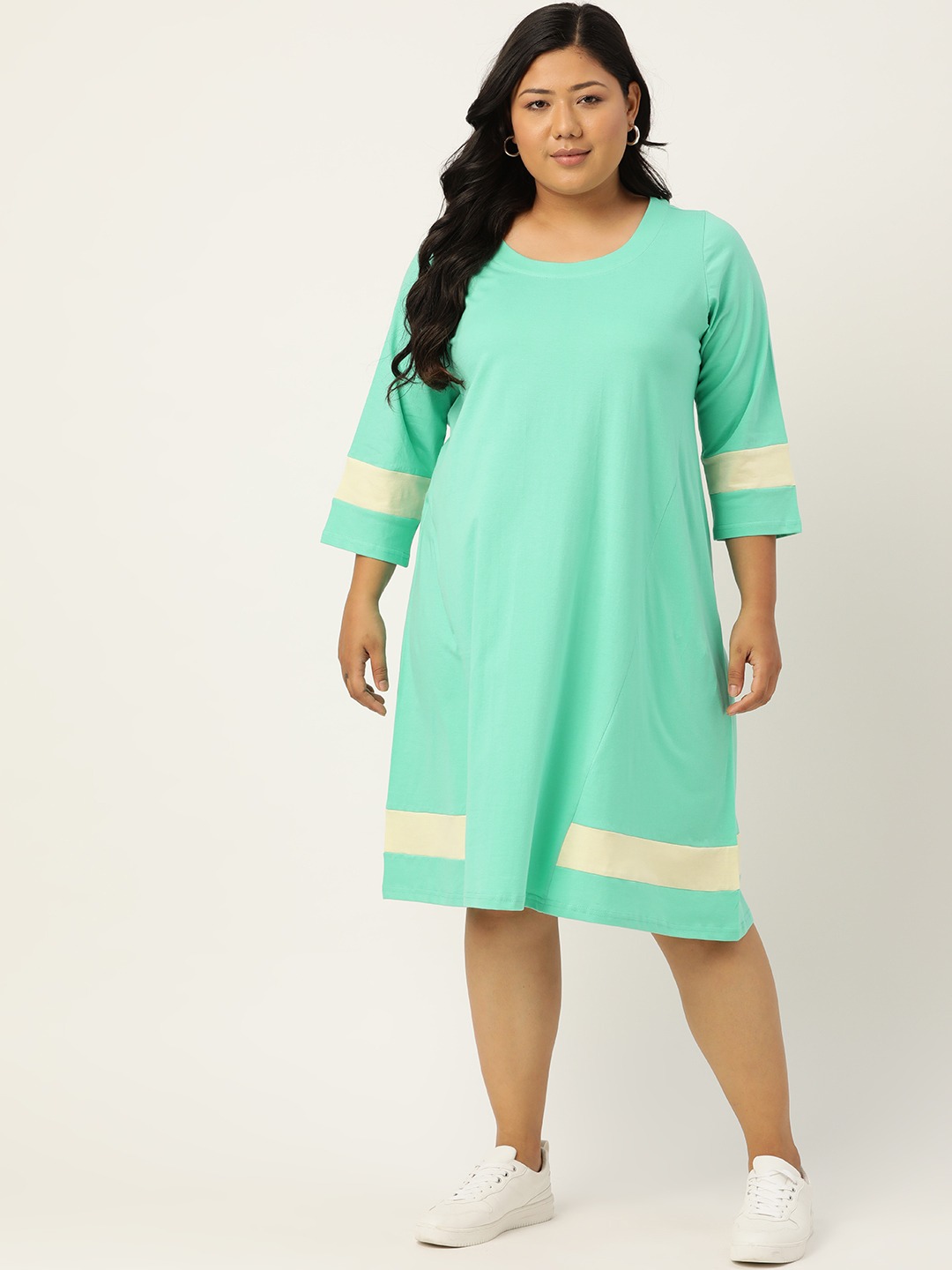 Women's Plus Size Sea Green Pure Cotton Solid Dress