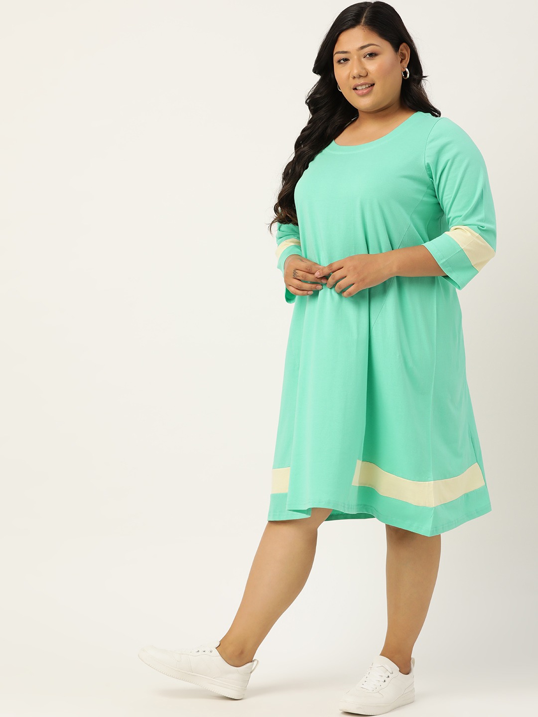Women's Plus Size Sea Green Pure Cotton Solid Dress