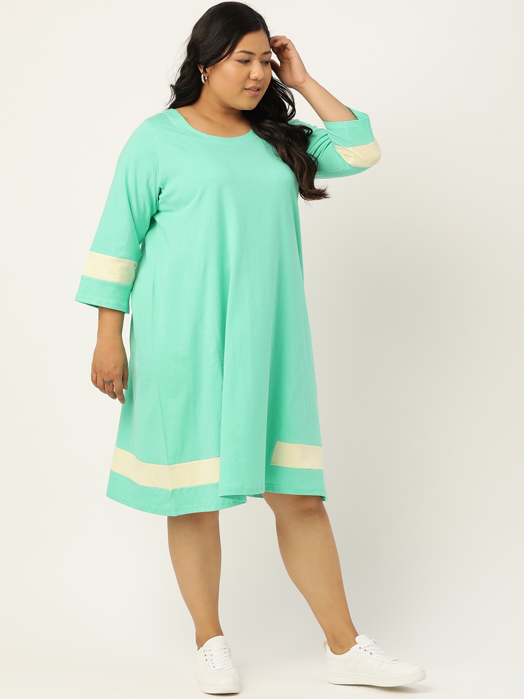 Women's Plus Size Sea Green Pure Cotton Solid Dress