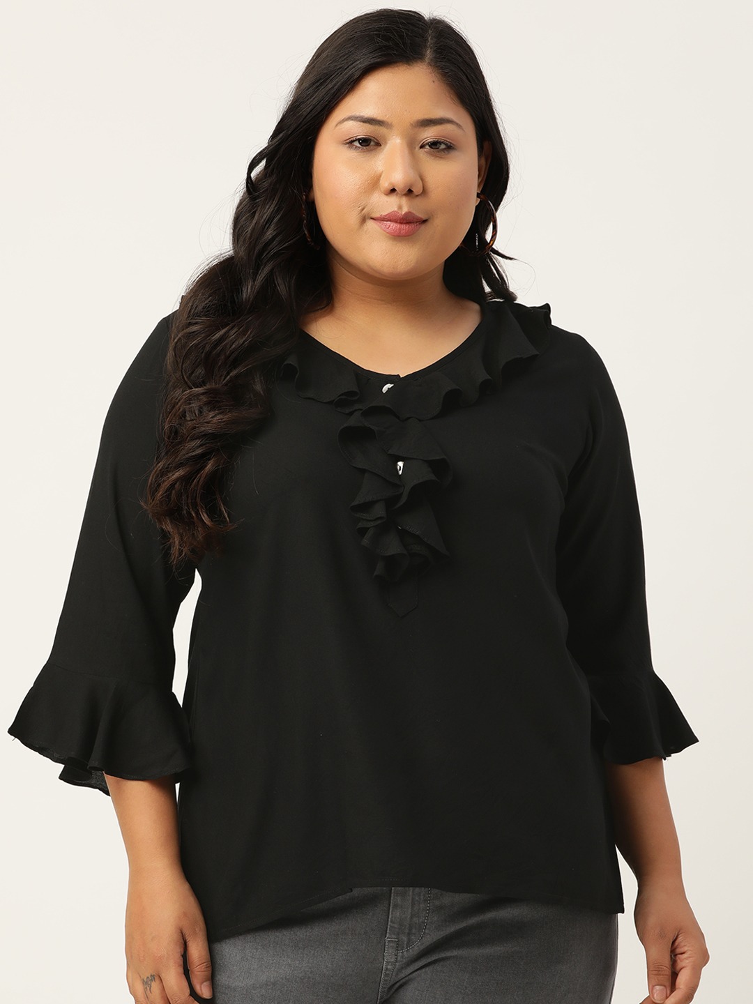 Women's Plus Size Black Solid Bell Sleeves Ruffle Top