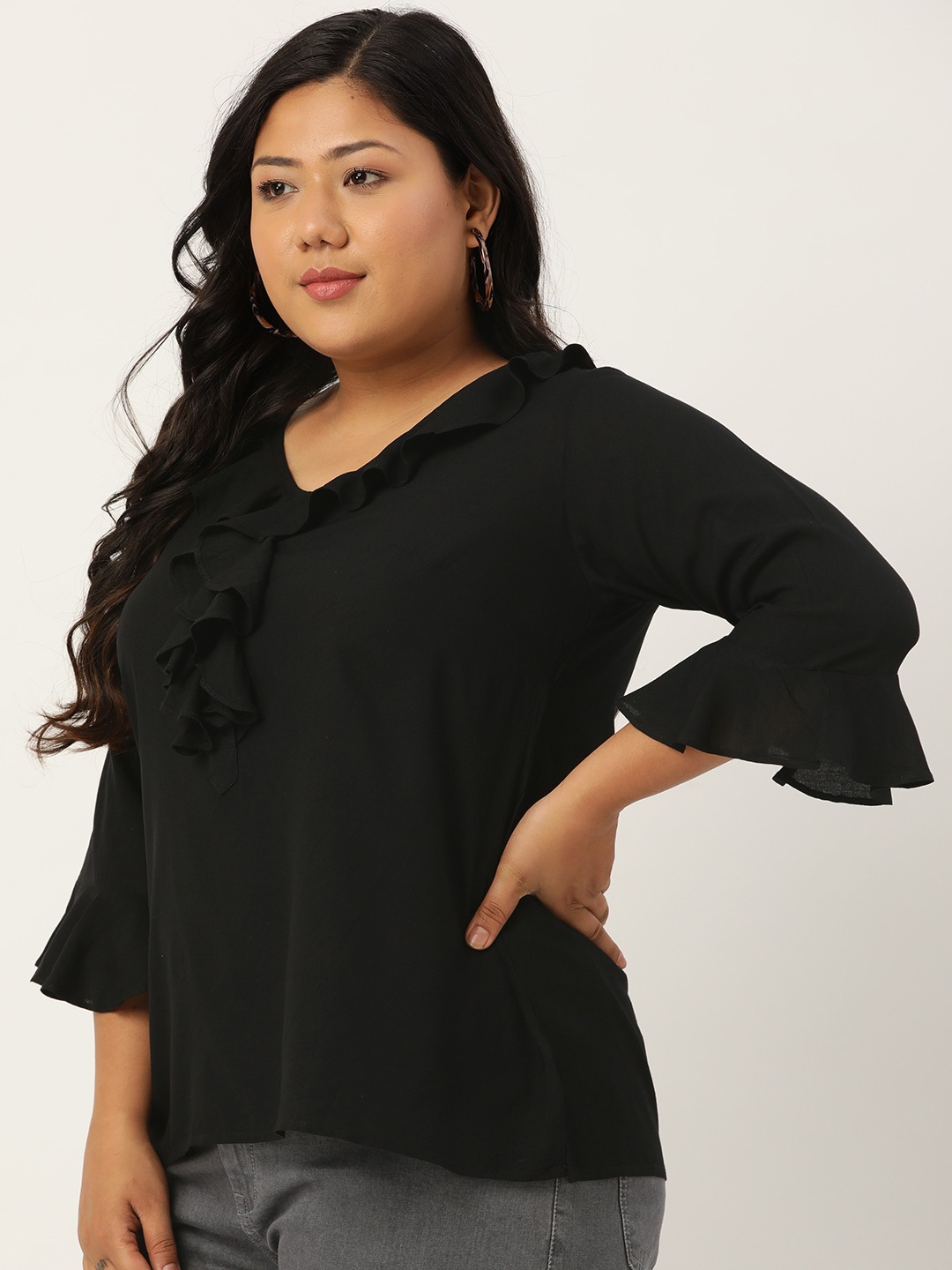Women's Plus Size Black Solid Bell Sleeves Ruffle Top