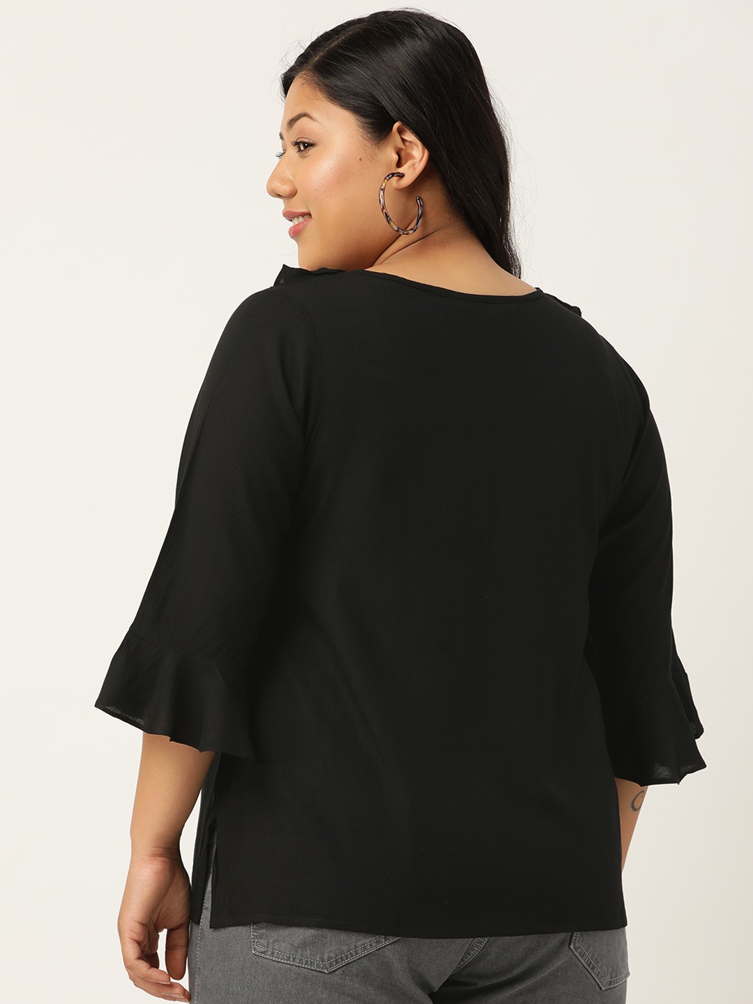 Women's Plus Size Black Solid Bell Sleeves Ruffle Top