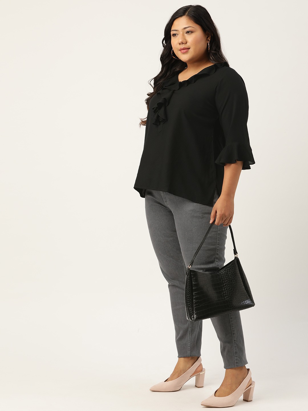 Women's Plus Size Black Solid Bell Sleeves Ruffle Top