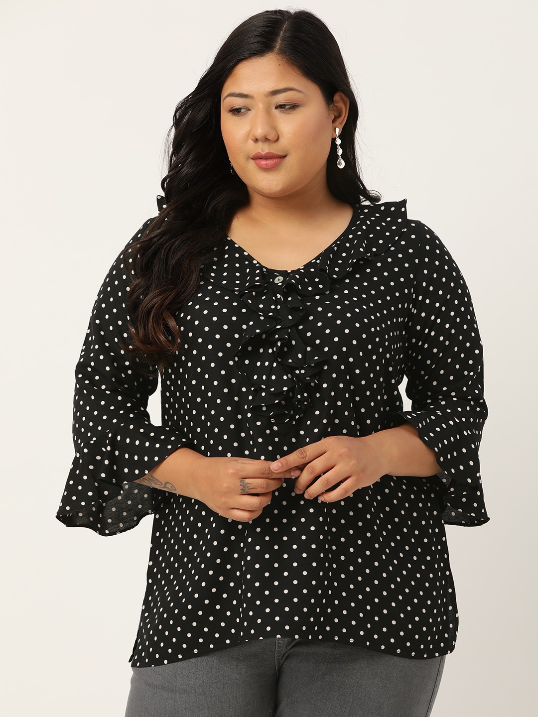 Women's Plus Size Black Polka Dot Bell Sleeves Ruffle Top