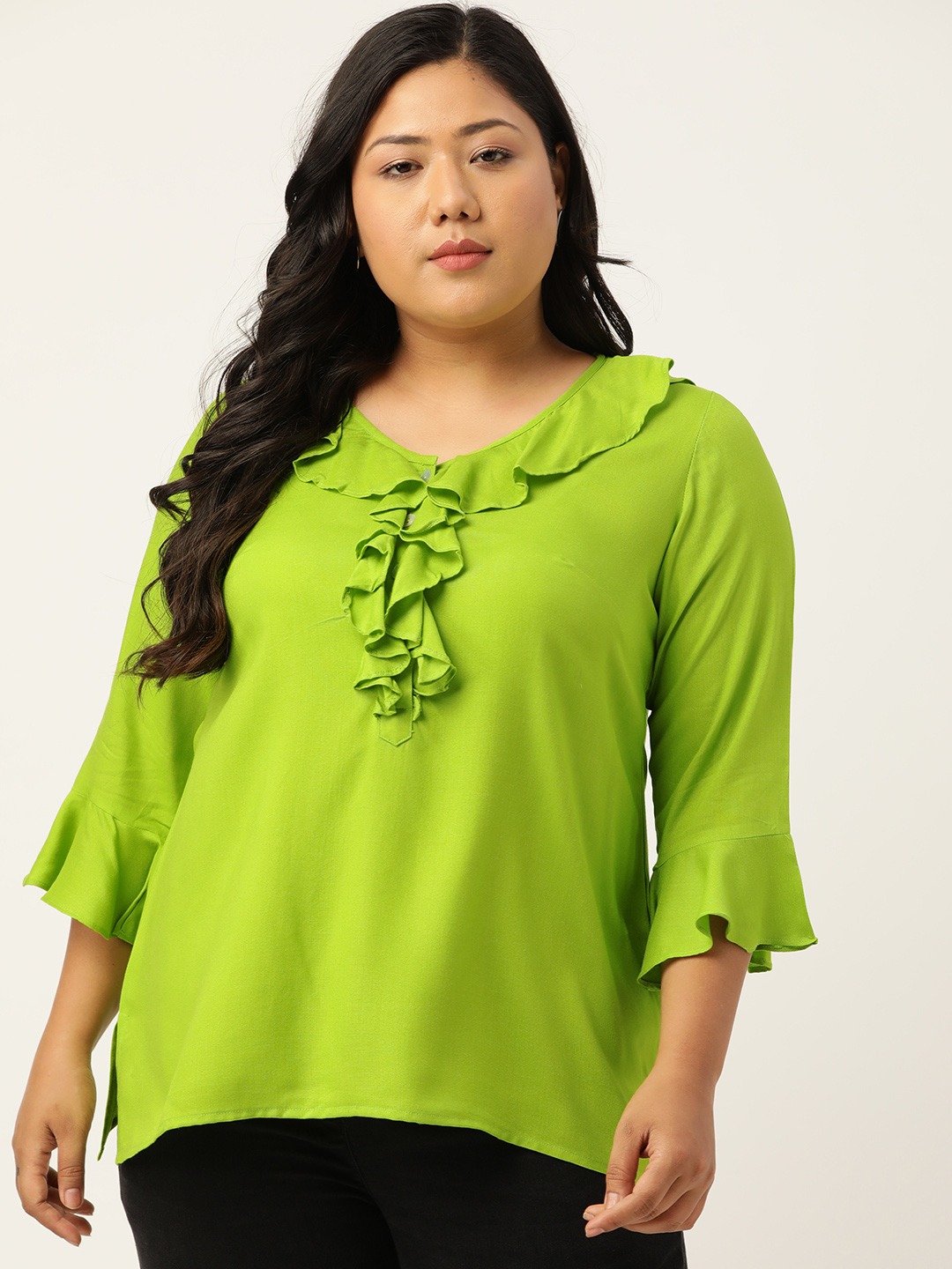 Women's Plus Size Green Solid Bell Sleeves Ruffle Top