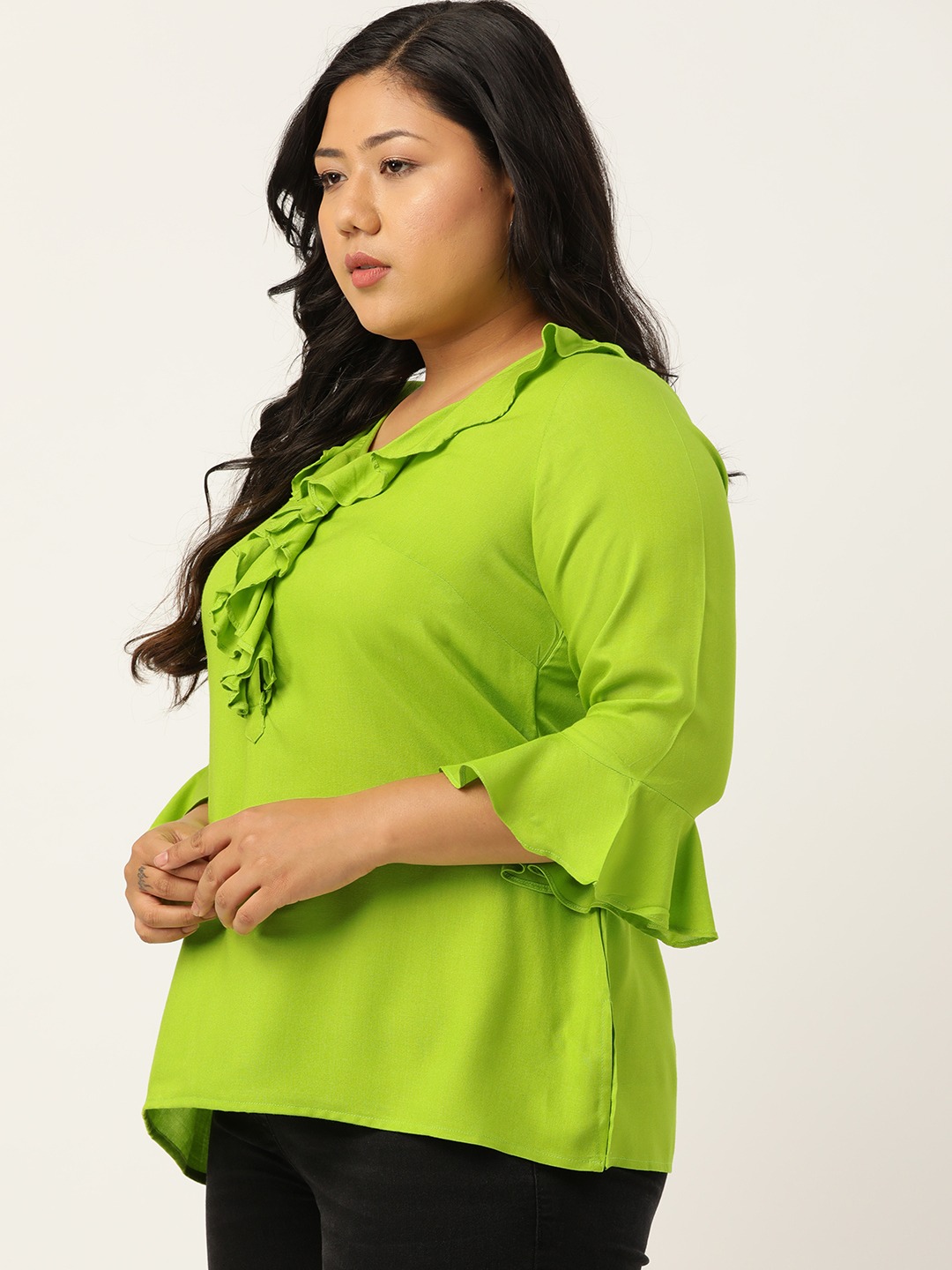 Women's Plus Size Green Solid Bell Sleeves Ruffle Top