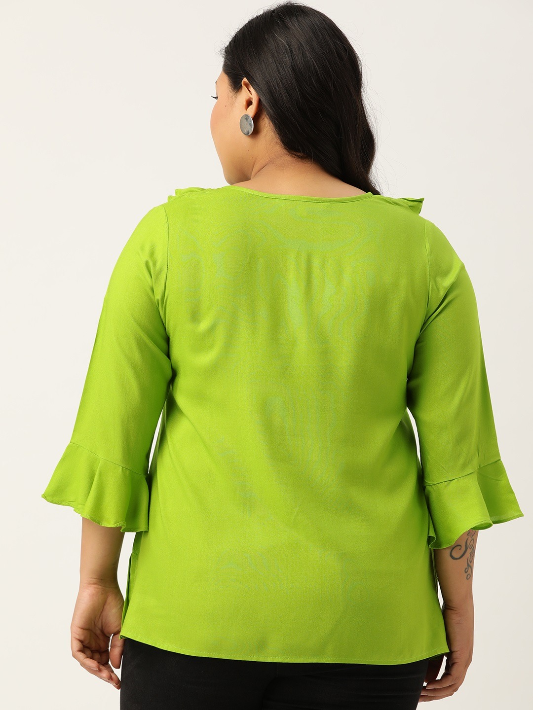 Women's Plus Size Green Solid Bell Sleeves Ruffle Top