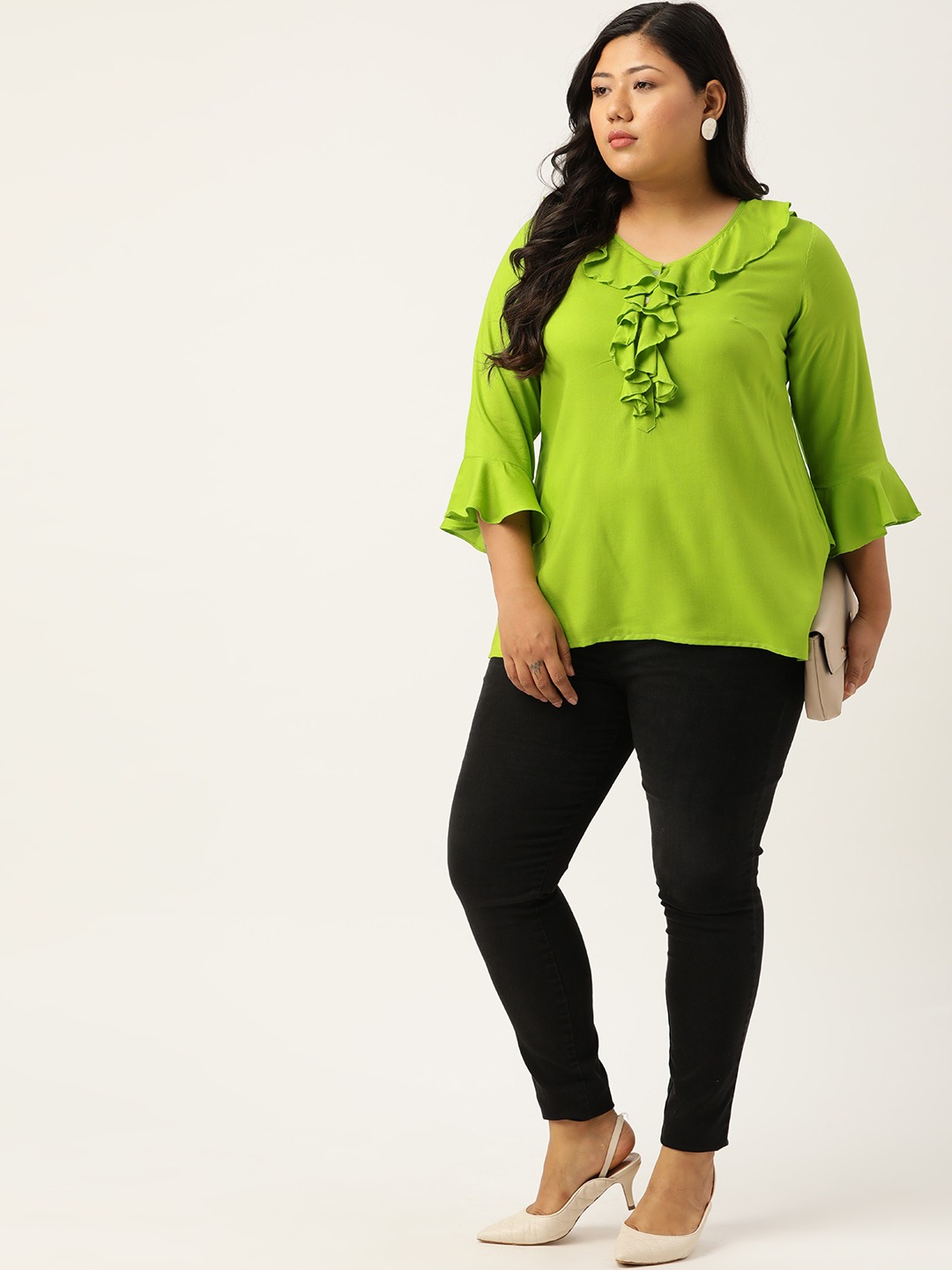 Women's Plus Size Green Solid Bell Sleeves Ruffle Top