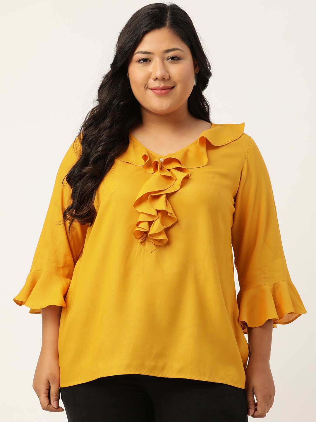 Women's Plus Size Mustard Solid Bell Sleeves Ruffle Top