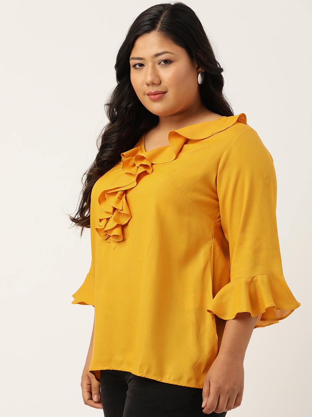 Women's Plus Size Mustard Solid Bell Sleeves Ruffle Top