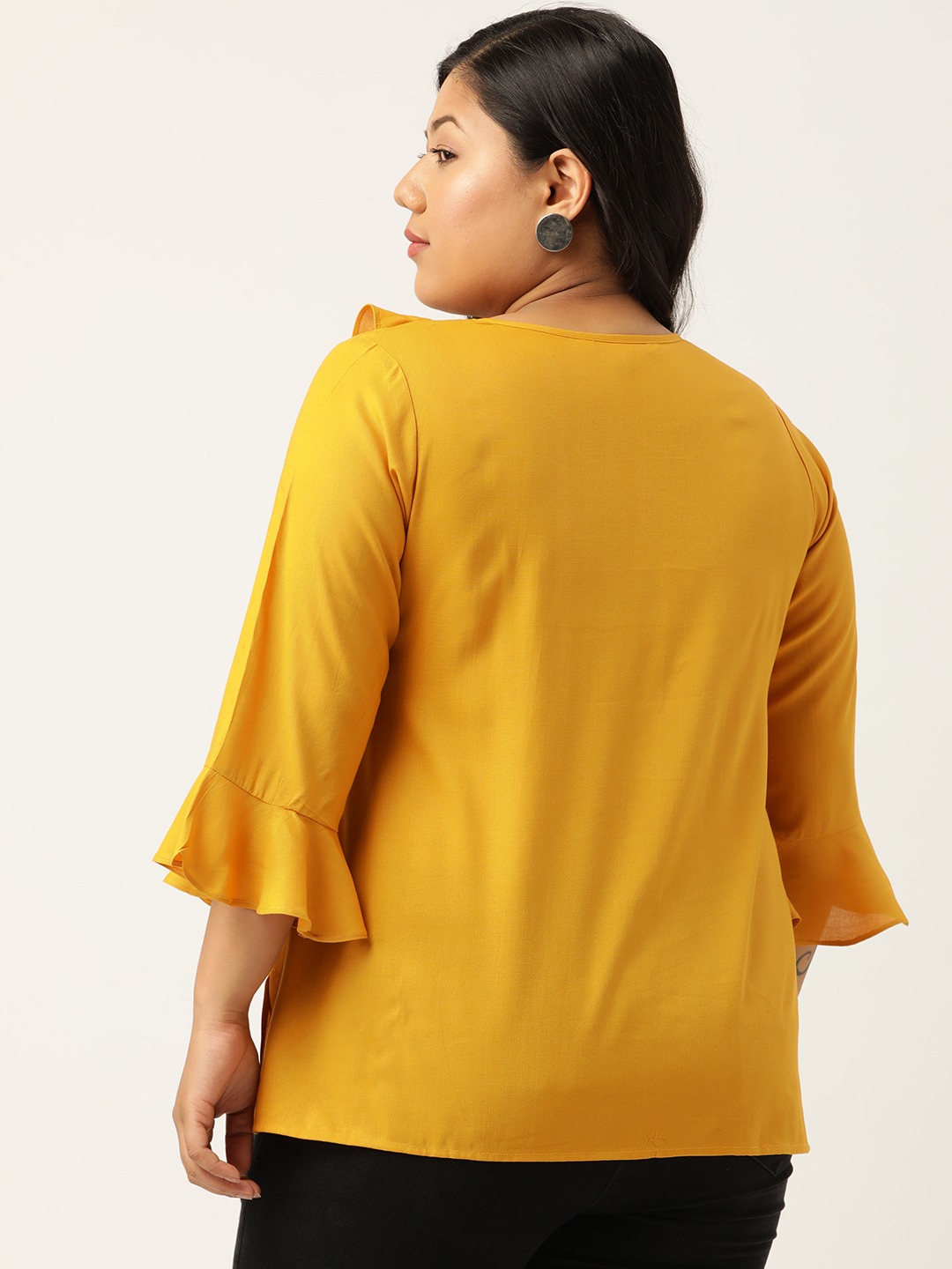 Women's Plus Size Mustard Solid Bell Sleeves Ruffle Top