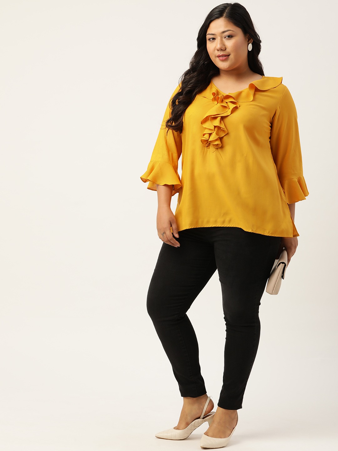 Women's Plus Size Mustard Solid Bell Sleeves Ruffle Top