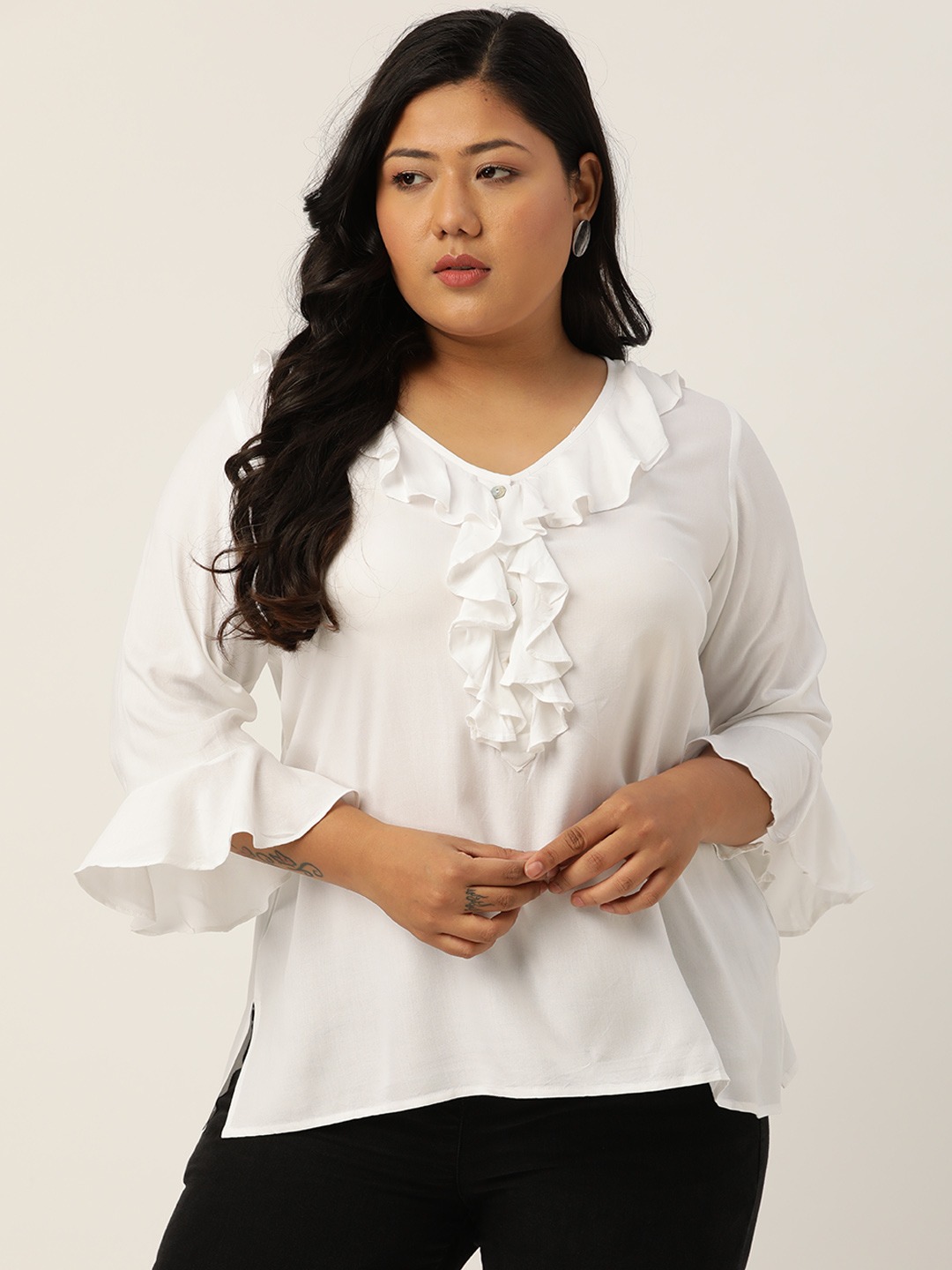 Women's Plus Size White Solid Bell Sleeves Ruffle Top