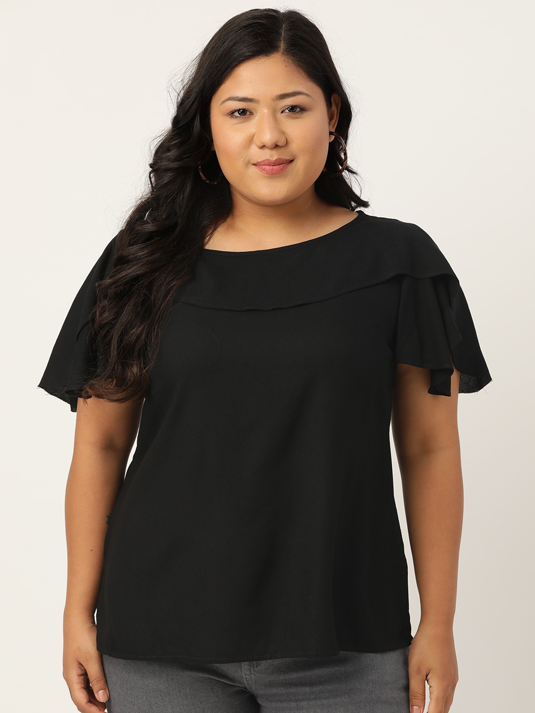 Women's Plus Size Black Flutter Sleeves Layered Top