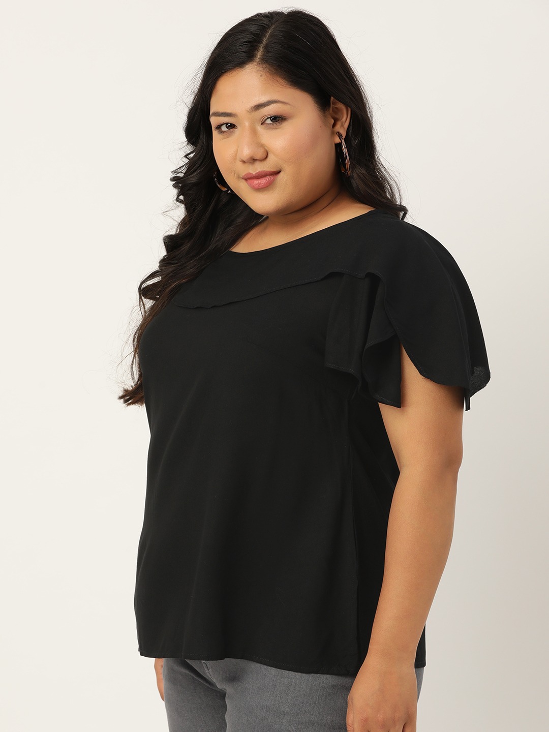 Women's Plus Size Black Flutter Sleeves Layered Top