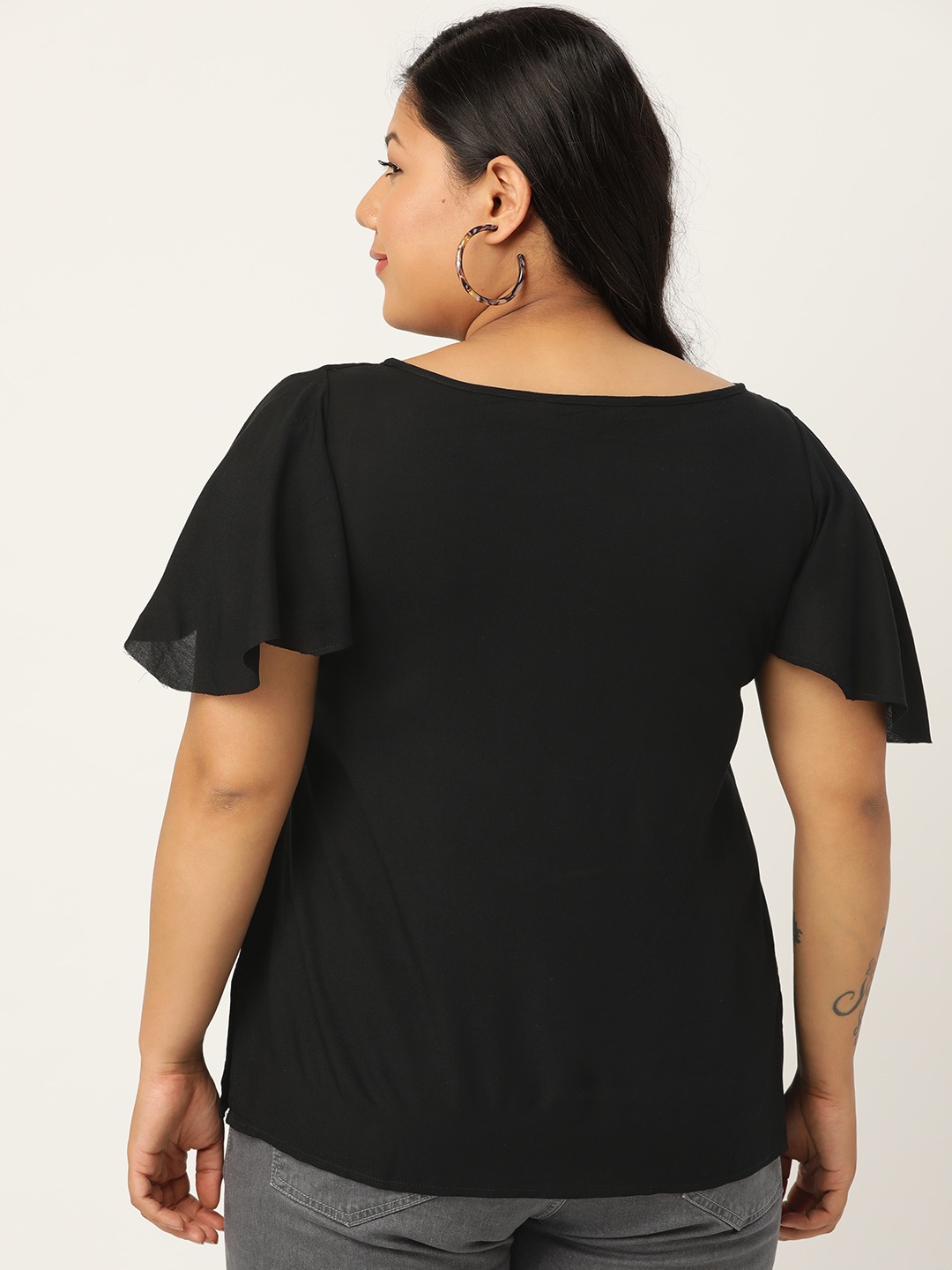 Women's Plus Size Black Flutter Sleeves Layered Top