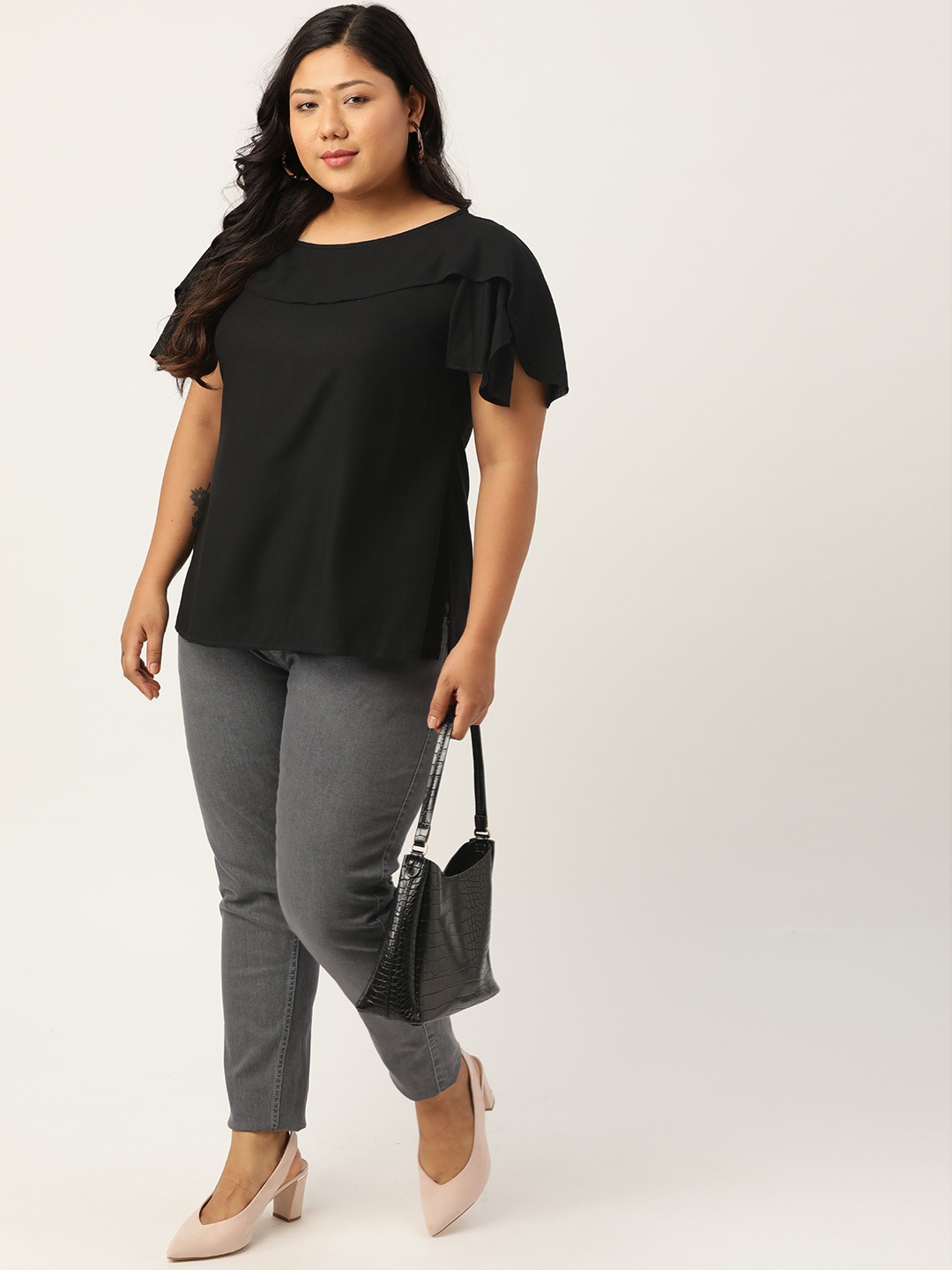 Women's Plus Size Black Flutter Sleeves Layered Top