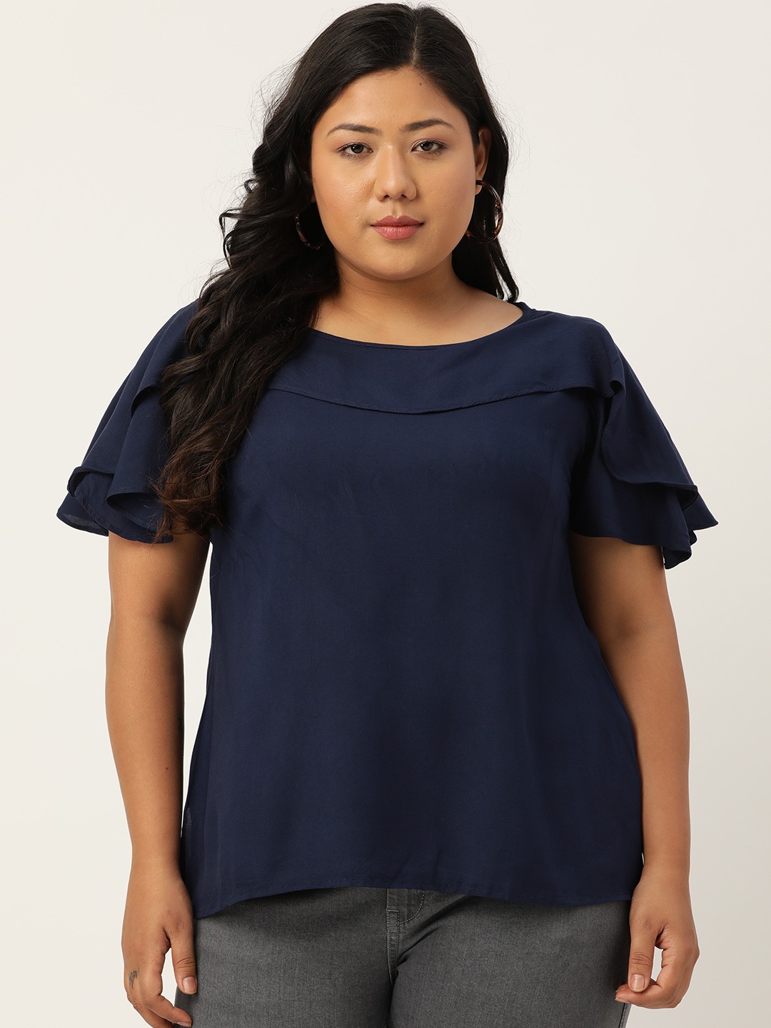 Women's Plus Size Navy Blue Flutter Sleeves Layered Top