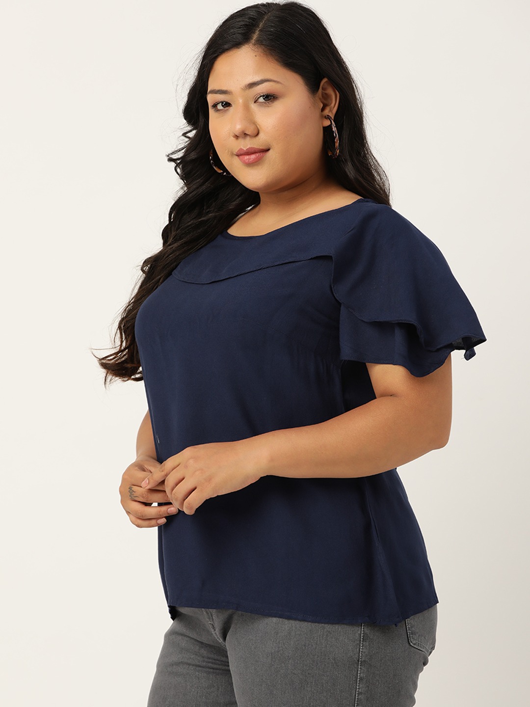 Women's Plus Size Navy Blue Flutter Sleeves Layered Top