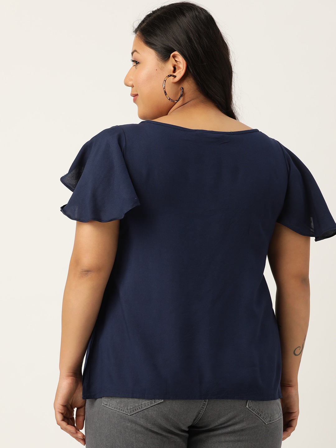 Women's Plus Size Navy Blue Flutter Sleeves Layered Top
