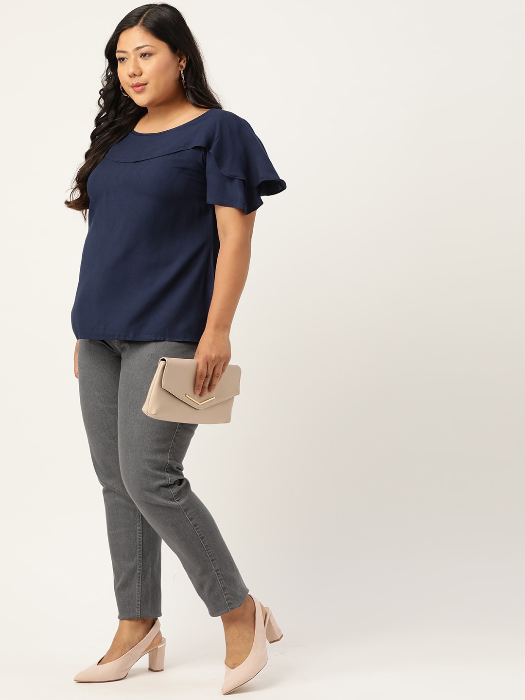 Women's Plus Size Navy Blue Flutter Sleeves Layered Top
