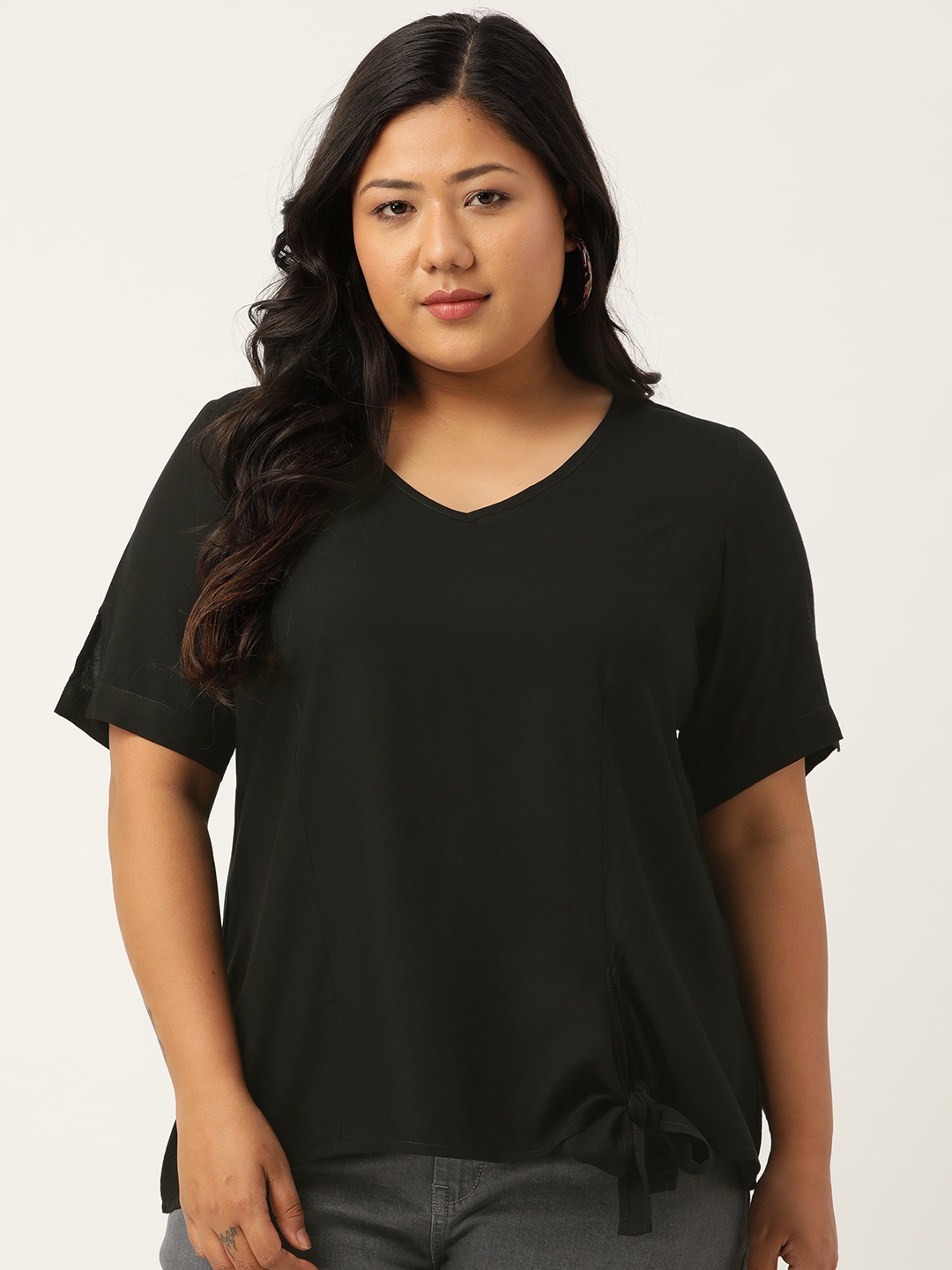 Women's Plus Size Black Solid V-Neck Top With Tie-Up Detail
