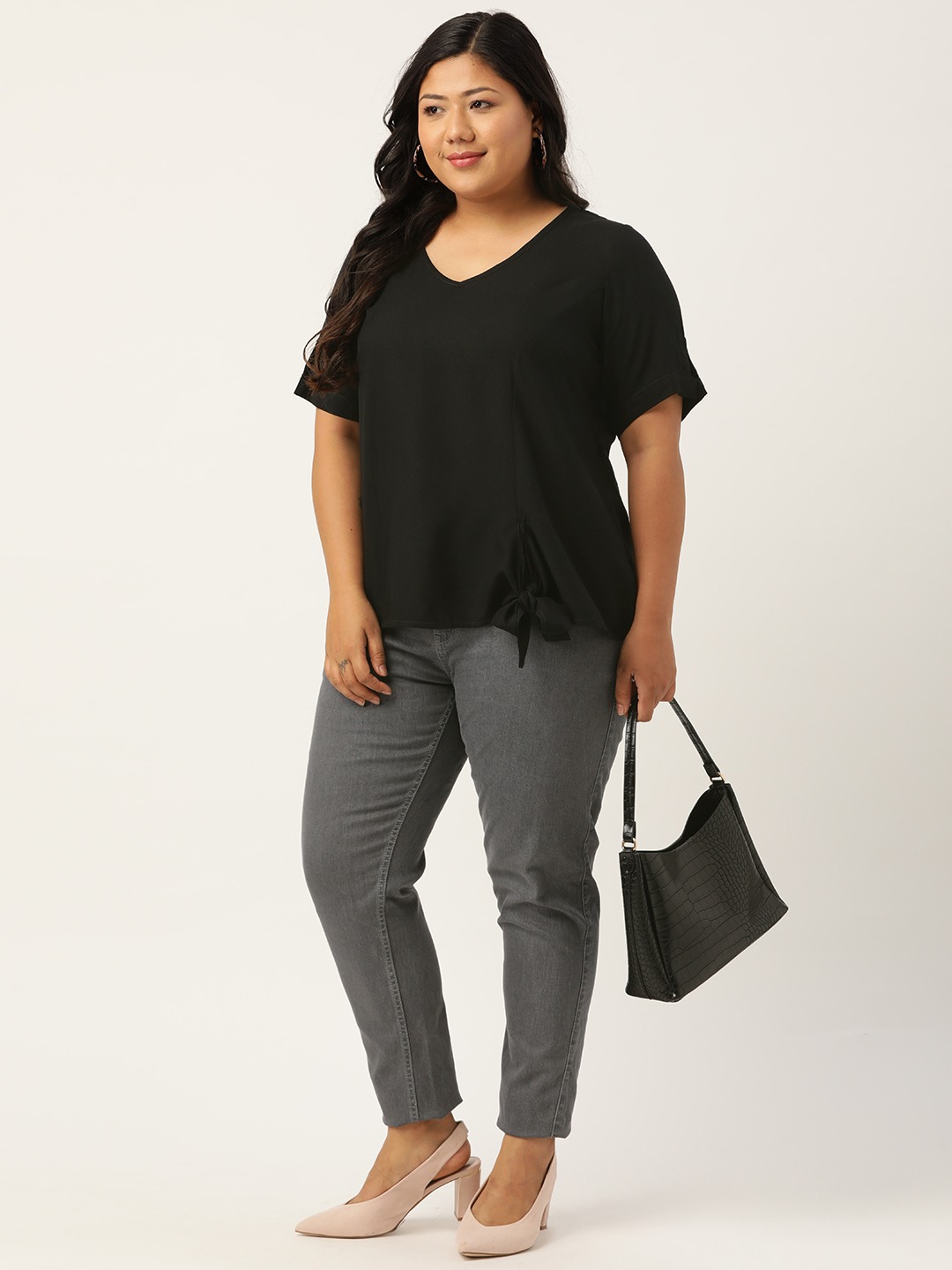 Women's Plus Size Black Solid V-Neck Top With Tie-Up Detail