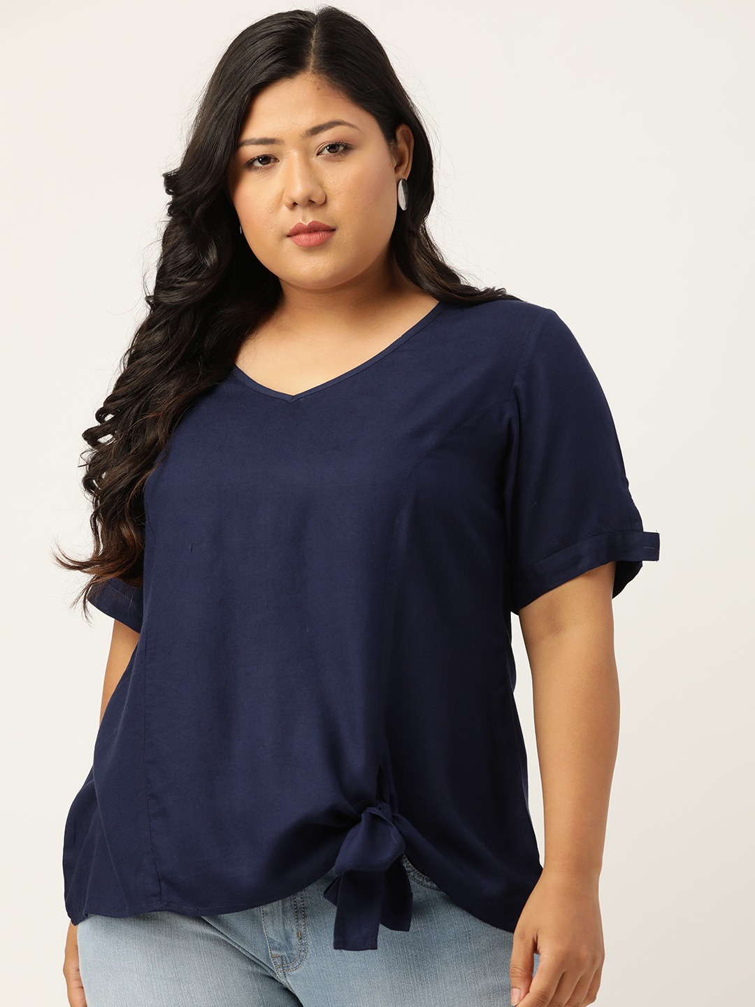 Women's Plus Size Navy Blue Solid V-Neck Top With Tie-Up Detail