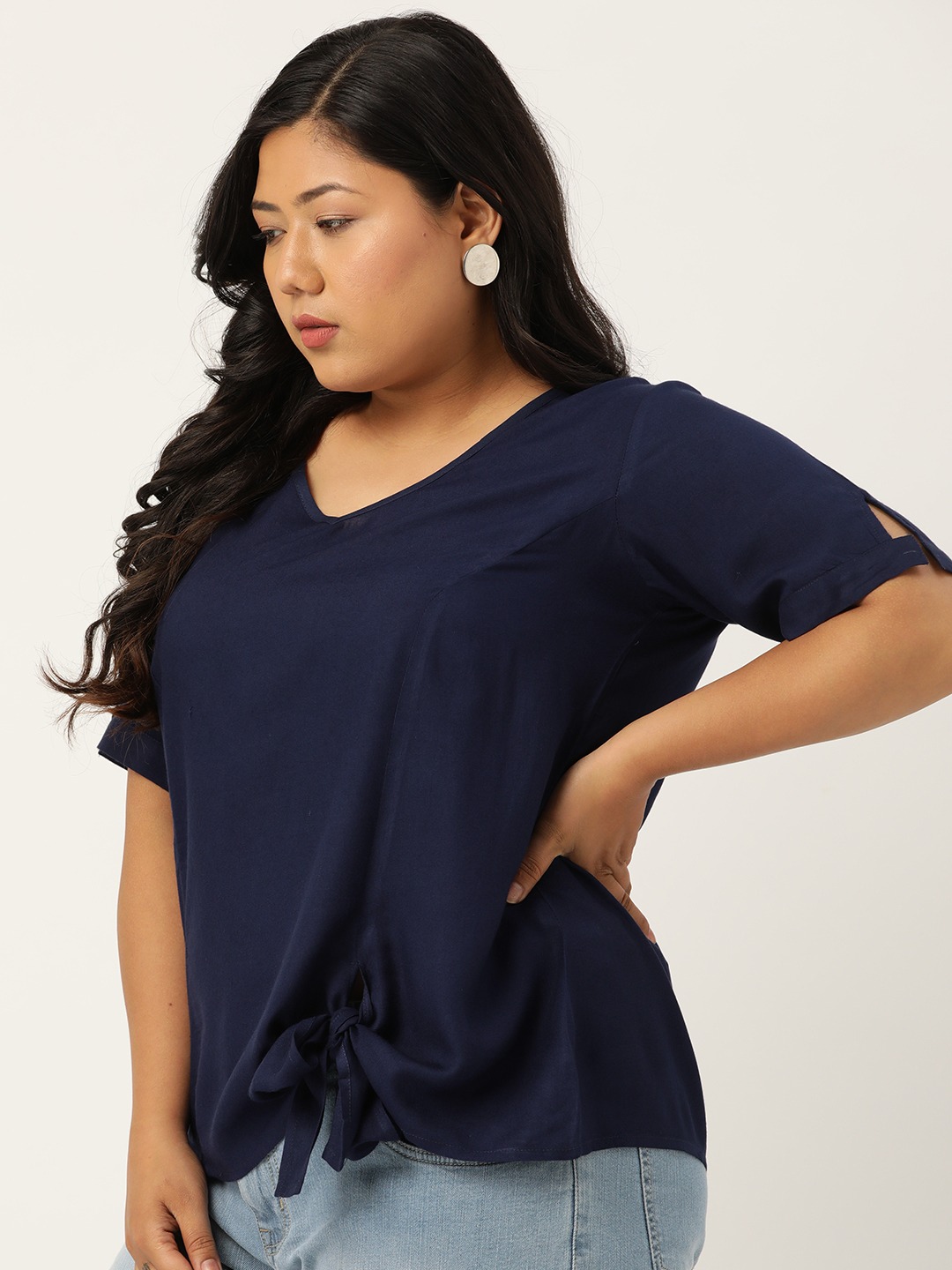 Women's Plus Size Navy Blue Solid V-Neck Top With Tie-Up Detail
