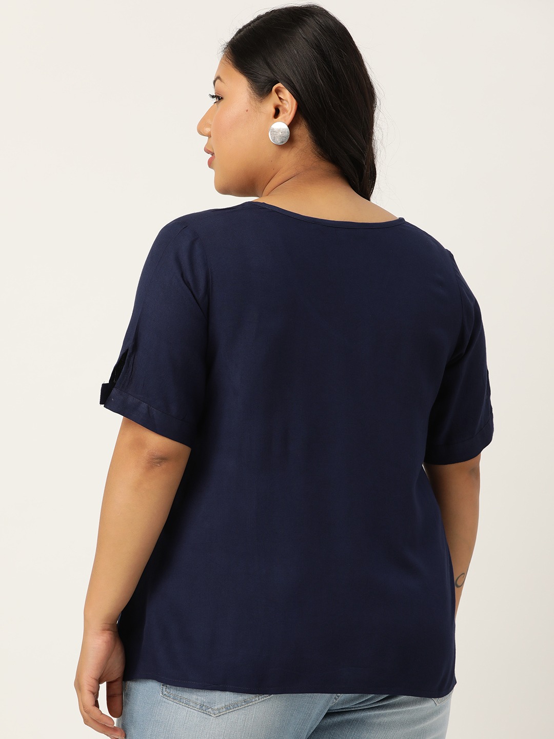 Women's Plus Size Navy Blue Solid V-Neck Top With Tie-Up Detail