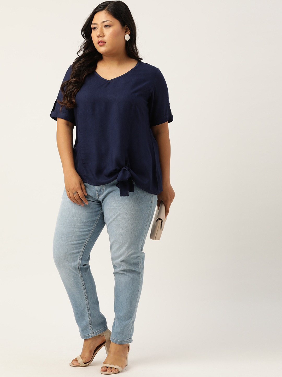Women's Plus Size Navy Blue Solid V-Neck Top With Tie-Up Detail