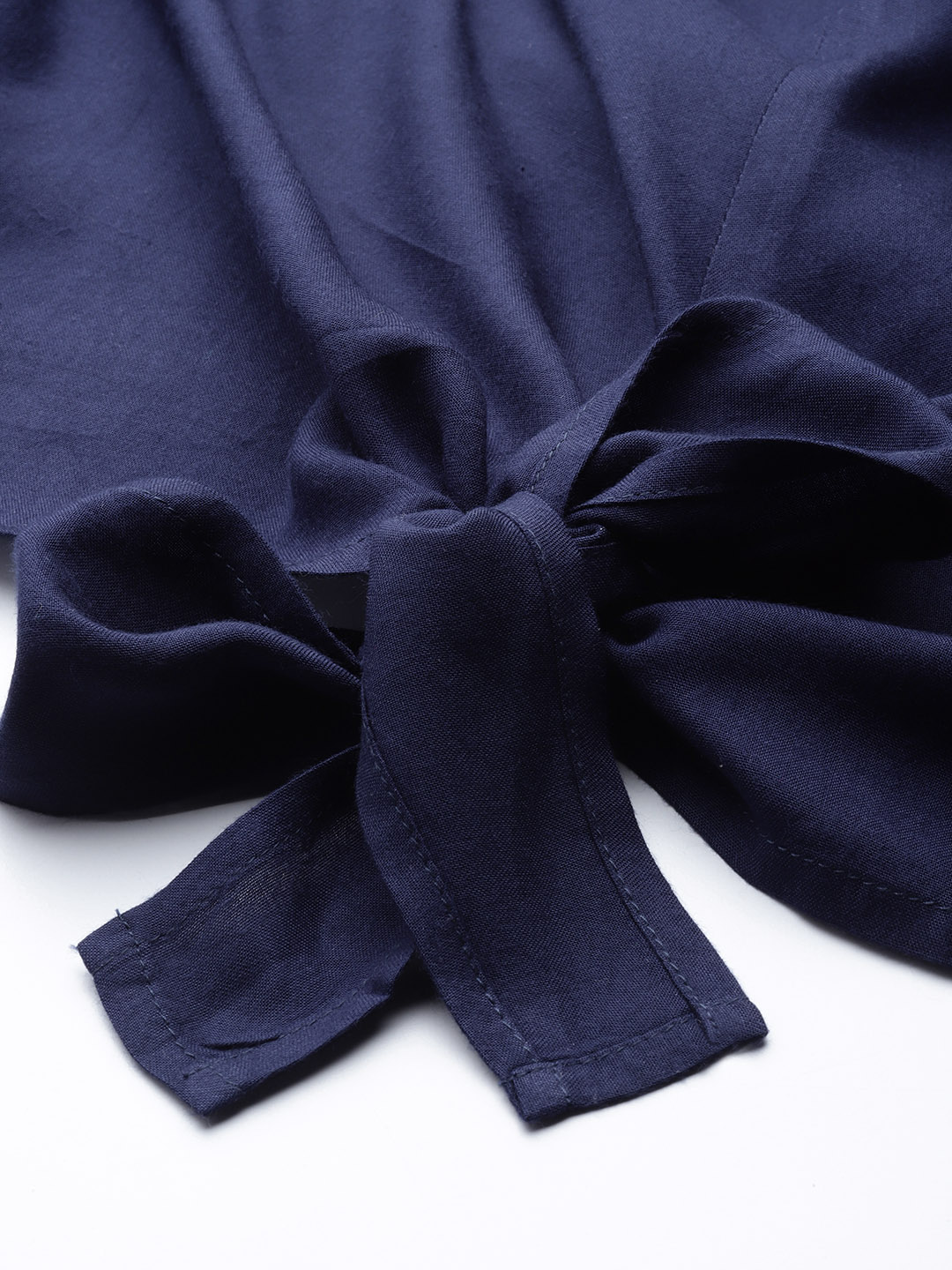 Women's Plus Size Navy Blue Solid V-Neck Top With Tie-Up Detail