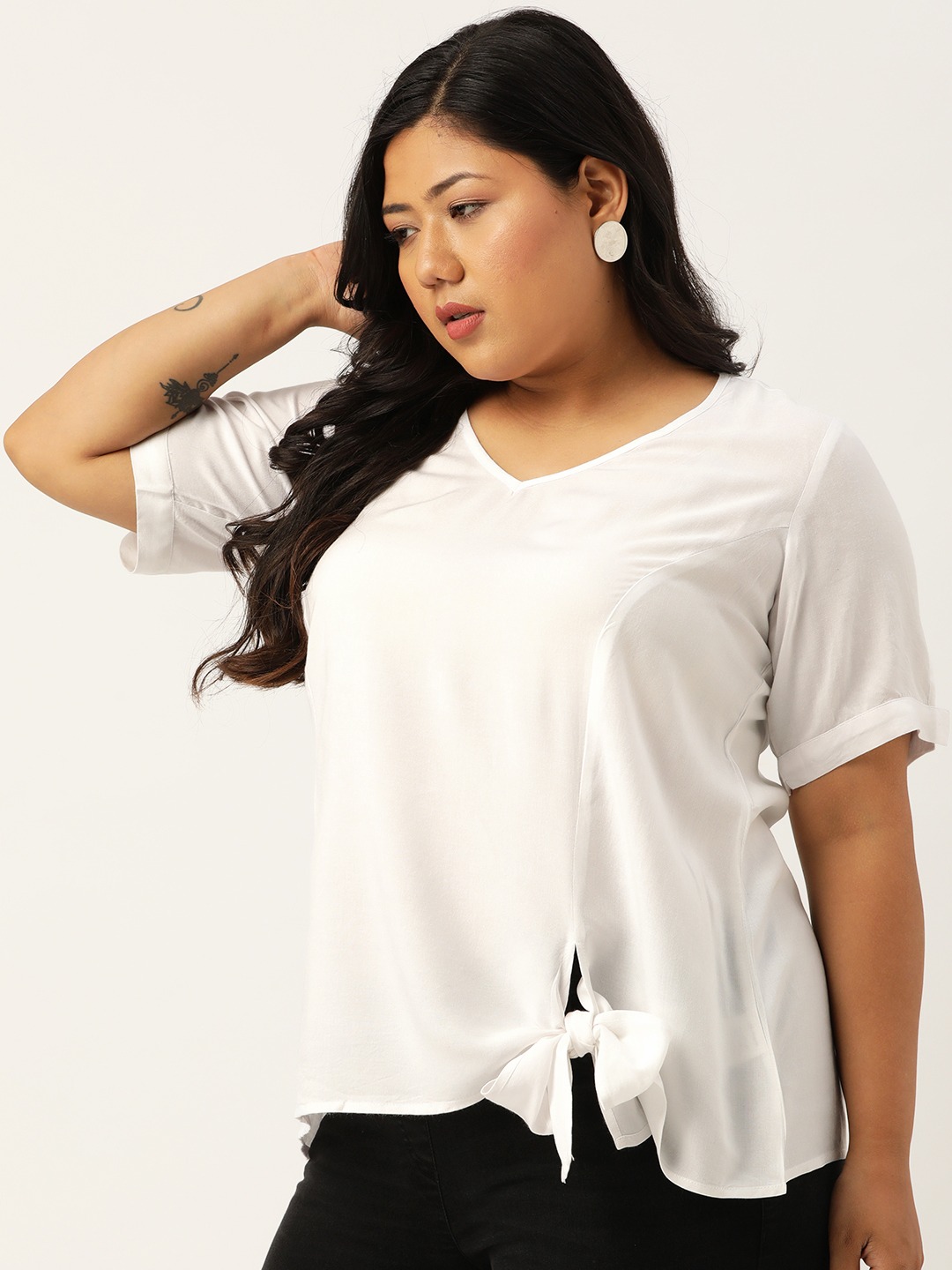 Women's Plus SizeWhite Solid V-Neck Top With Tie-Up Detail