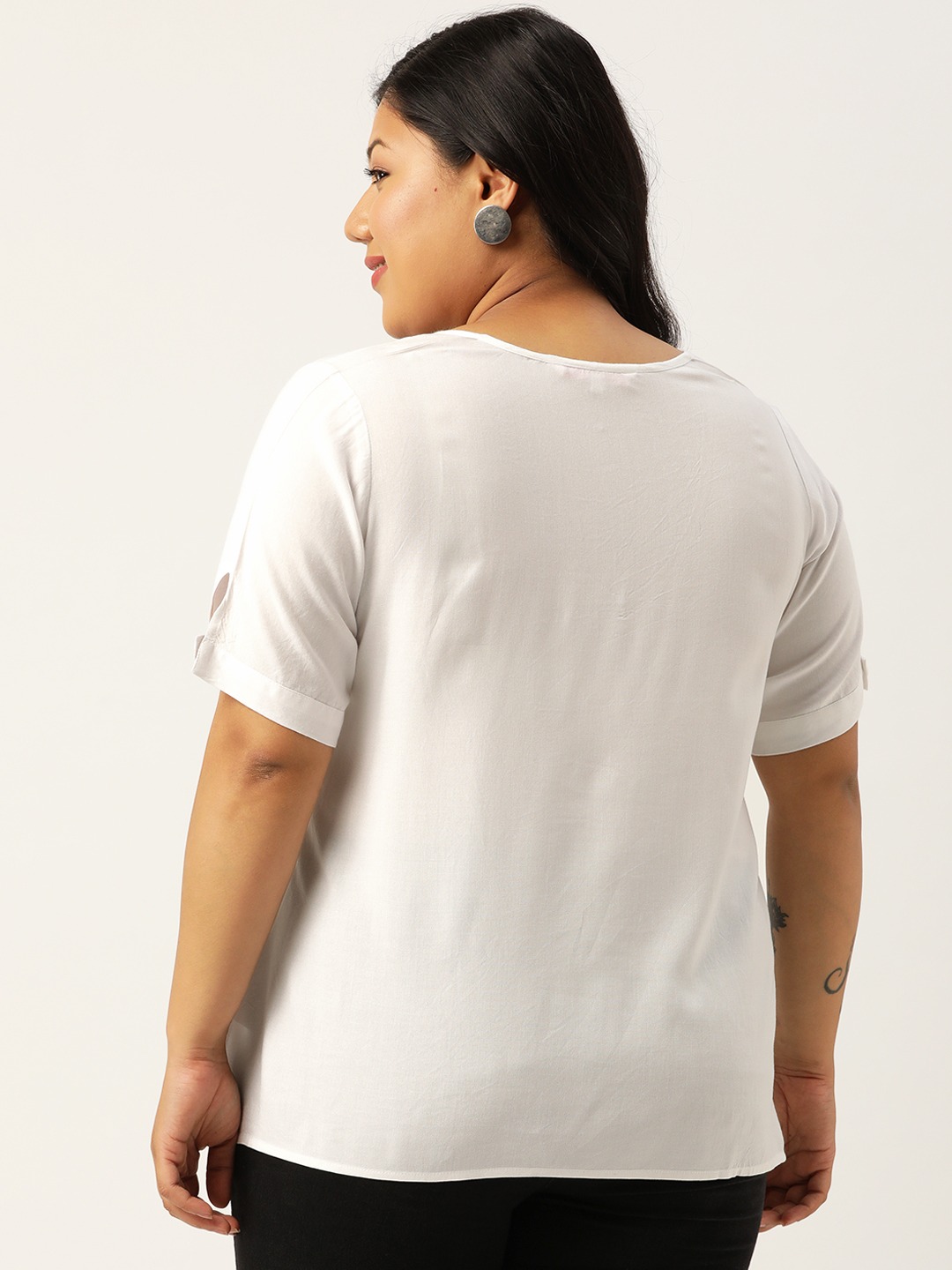 Women's Plus SizeWhite Solid V-Neck Top With Tie-Up Detail