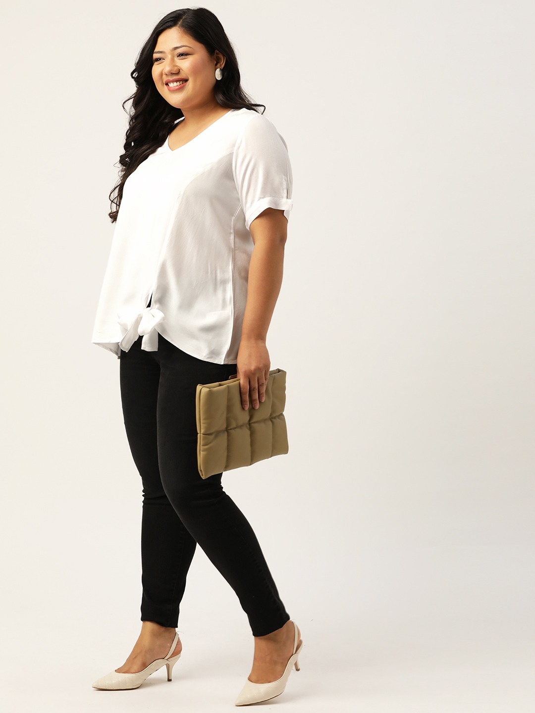 Women's Plus SizeWhite Solid V-Neck Top With Tie-Up Detail