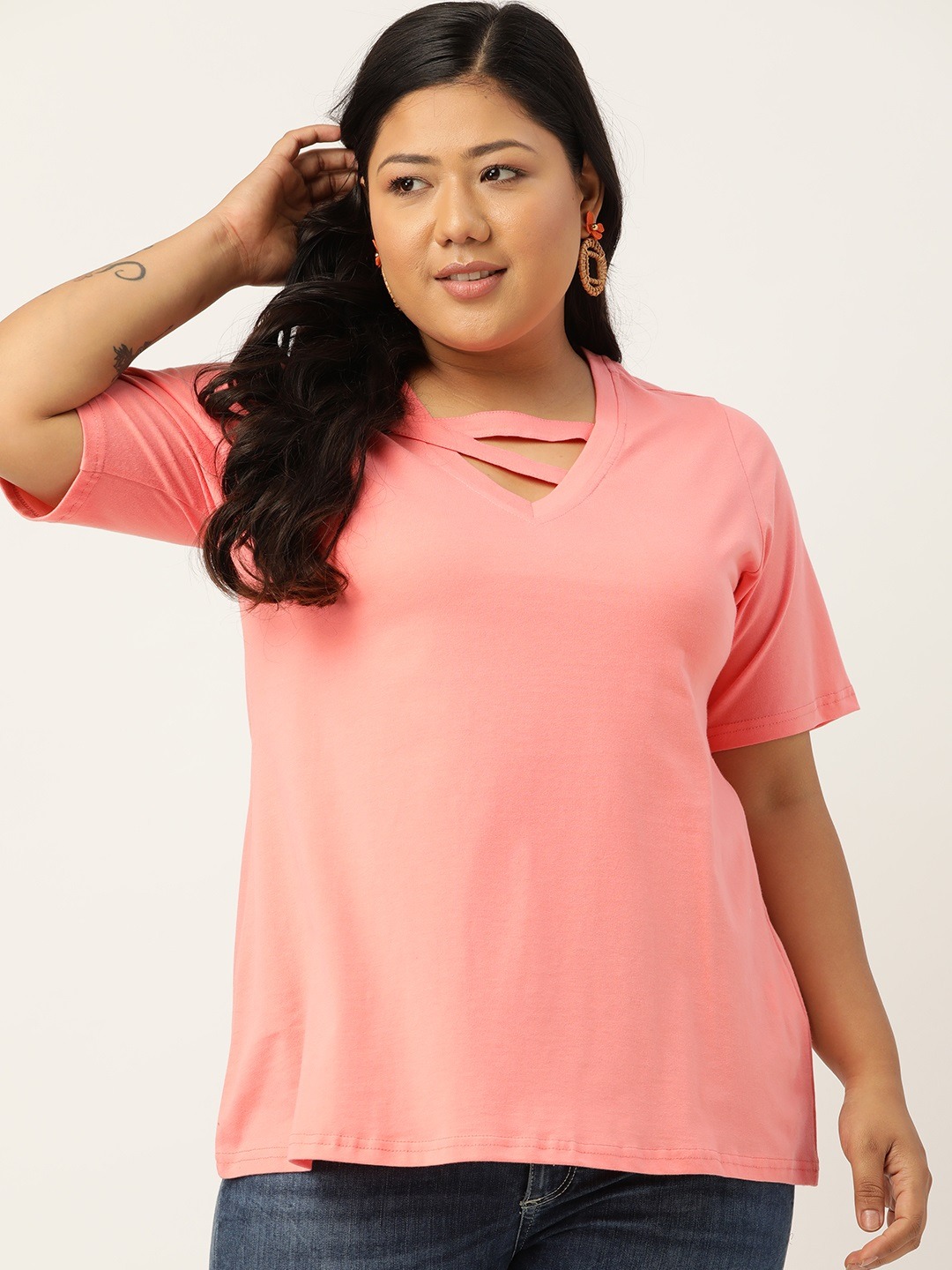 Women's Plus SizePeach Solid Color Cut Out Detail Cotton Top