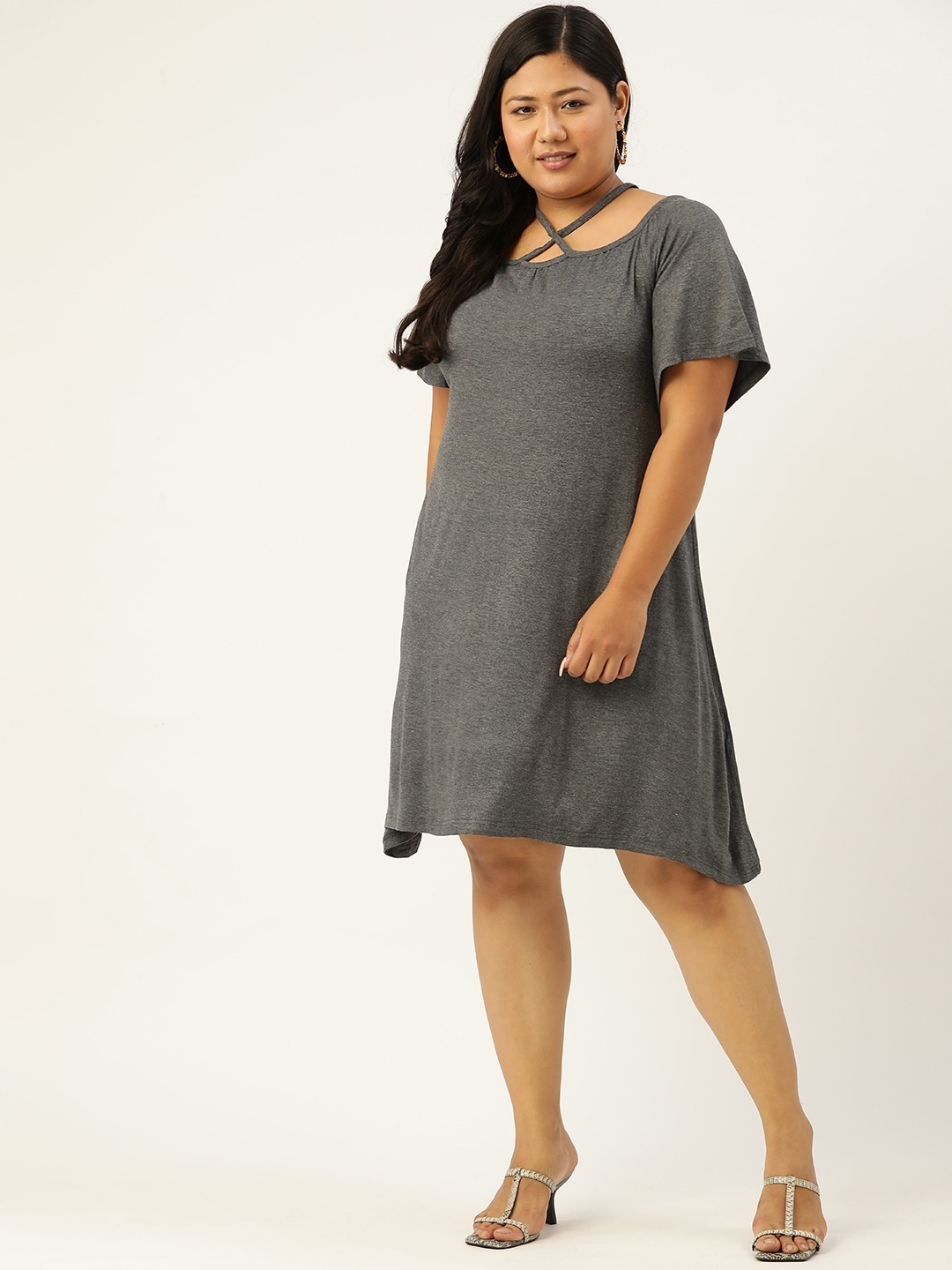Women's Plus Size Dark Grey Solid Color Party Wear A-Line Dress