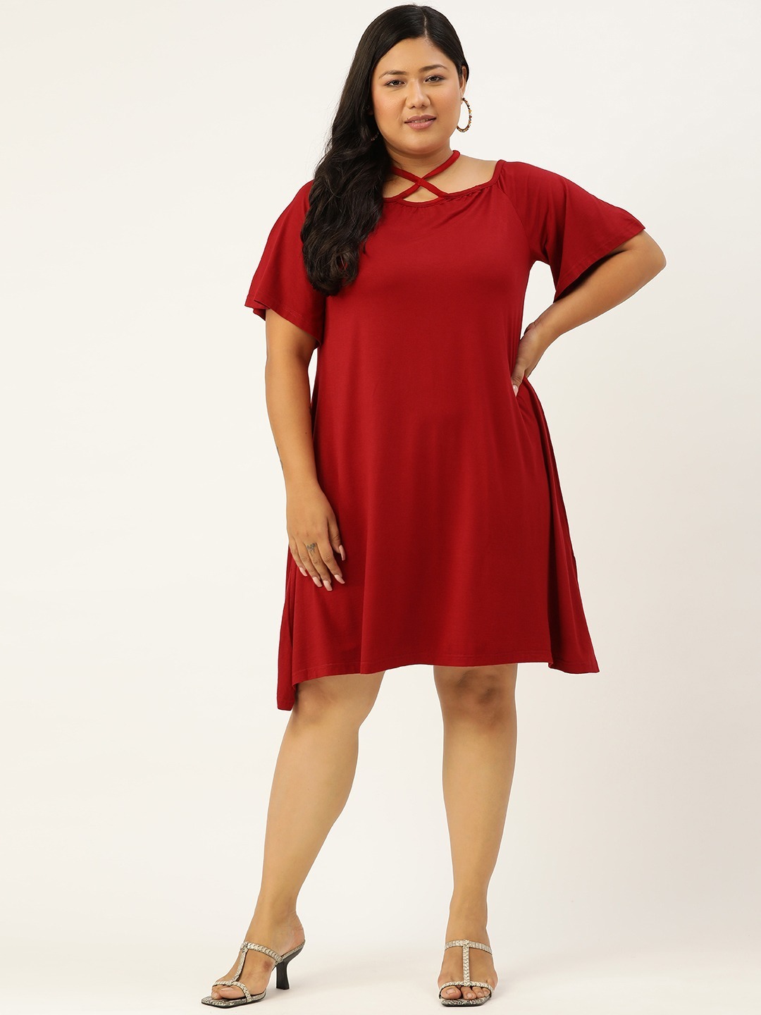 Women's Plus Size Maroon Solid Color Party Wear A-Line Dress