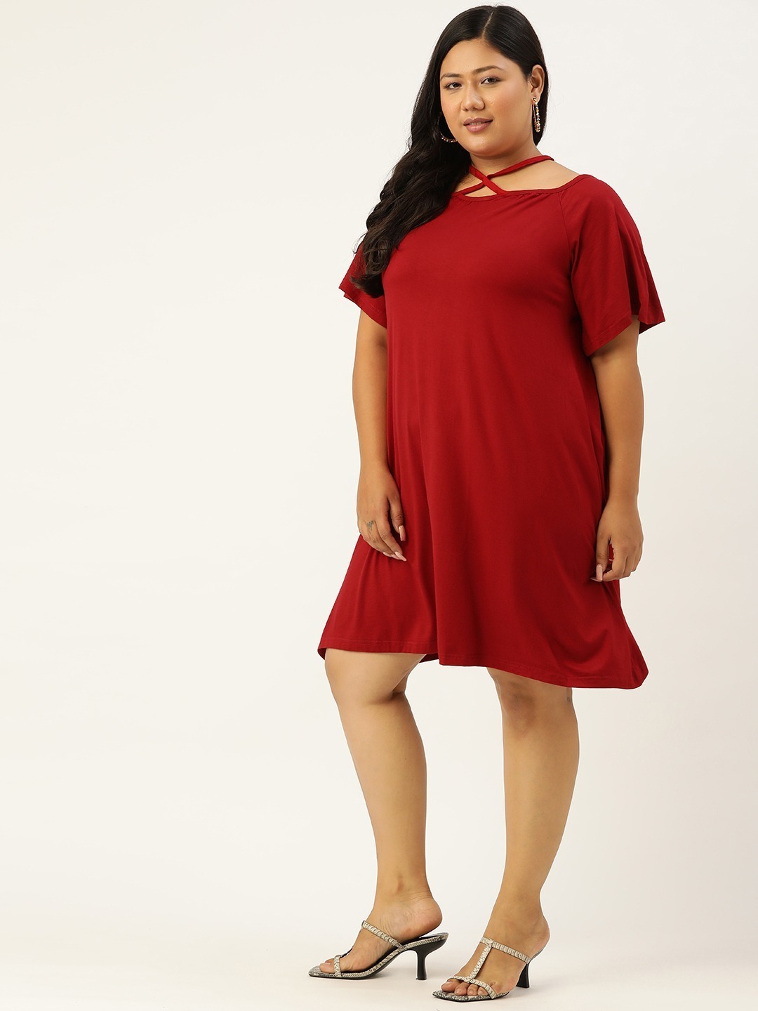 Women's Plus Size Maroon Solid Color Party Wear A-Line Dress
