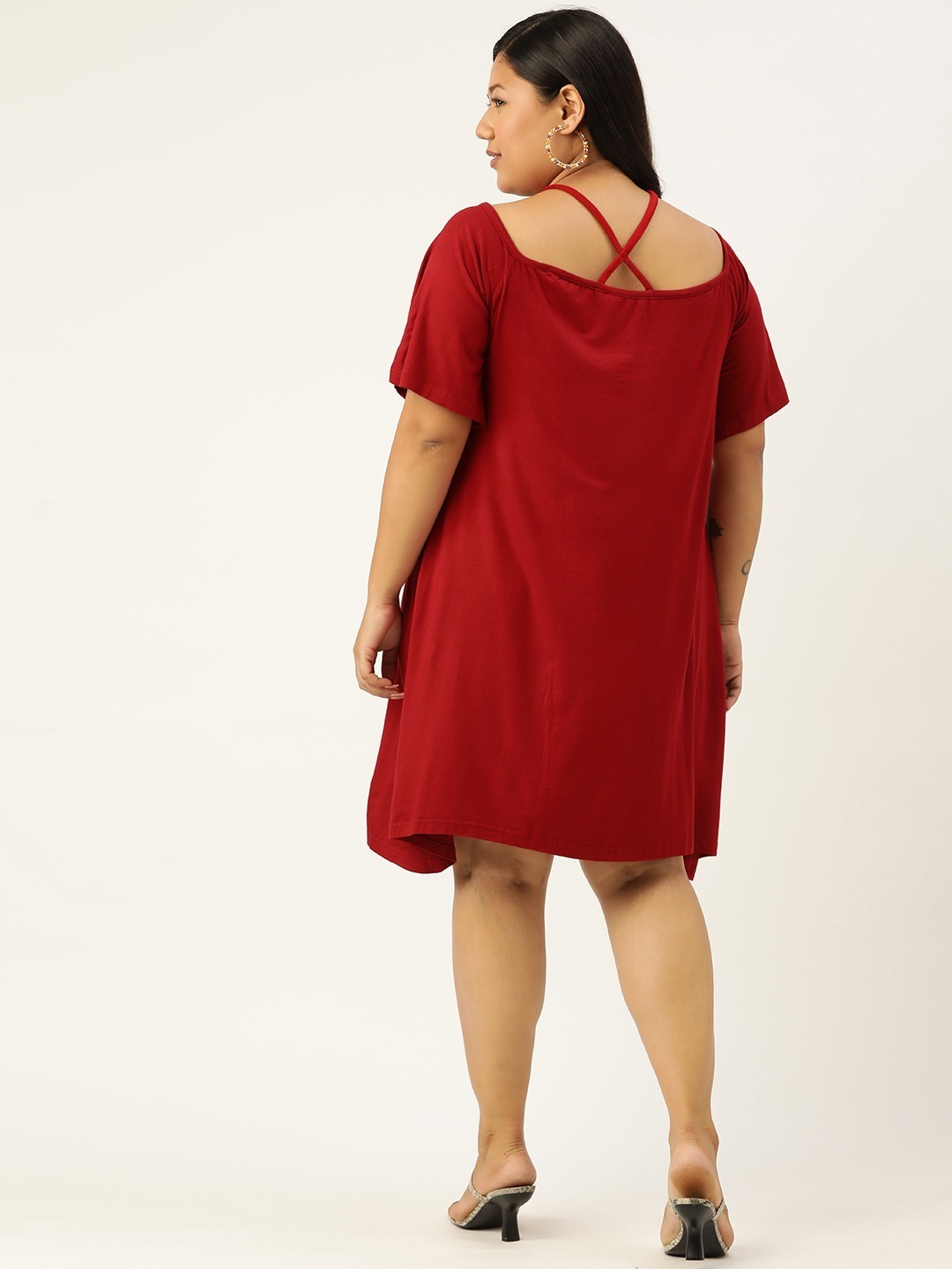 Women's Plus Size Maroon Solid Color Party Wear A-Line Dress