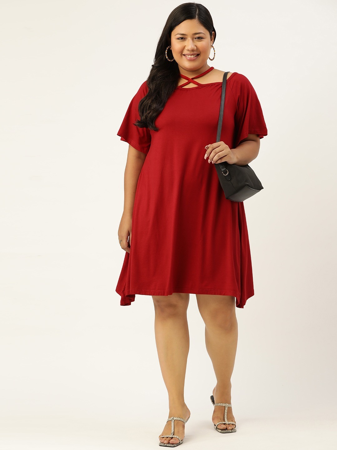 Women's Plus Size Maroon Solid Color Party Wear A-Line Dress
