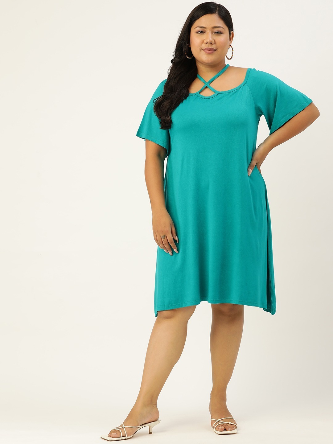 Women's Plus Size Turq Solid Color Party Wear A-Line Dress