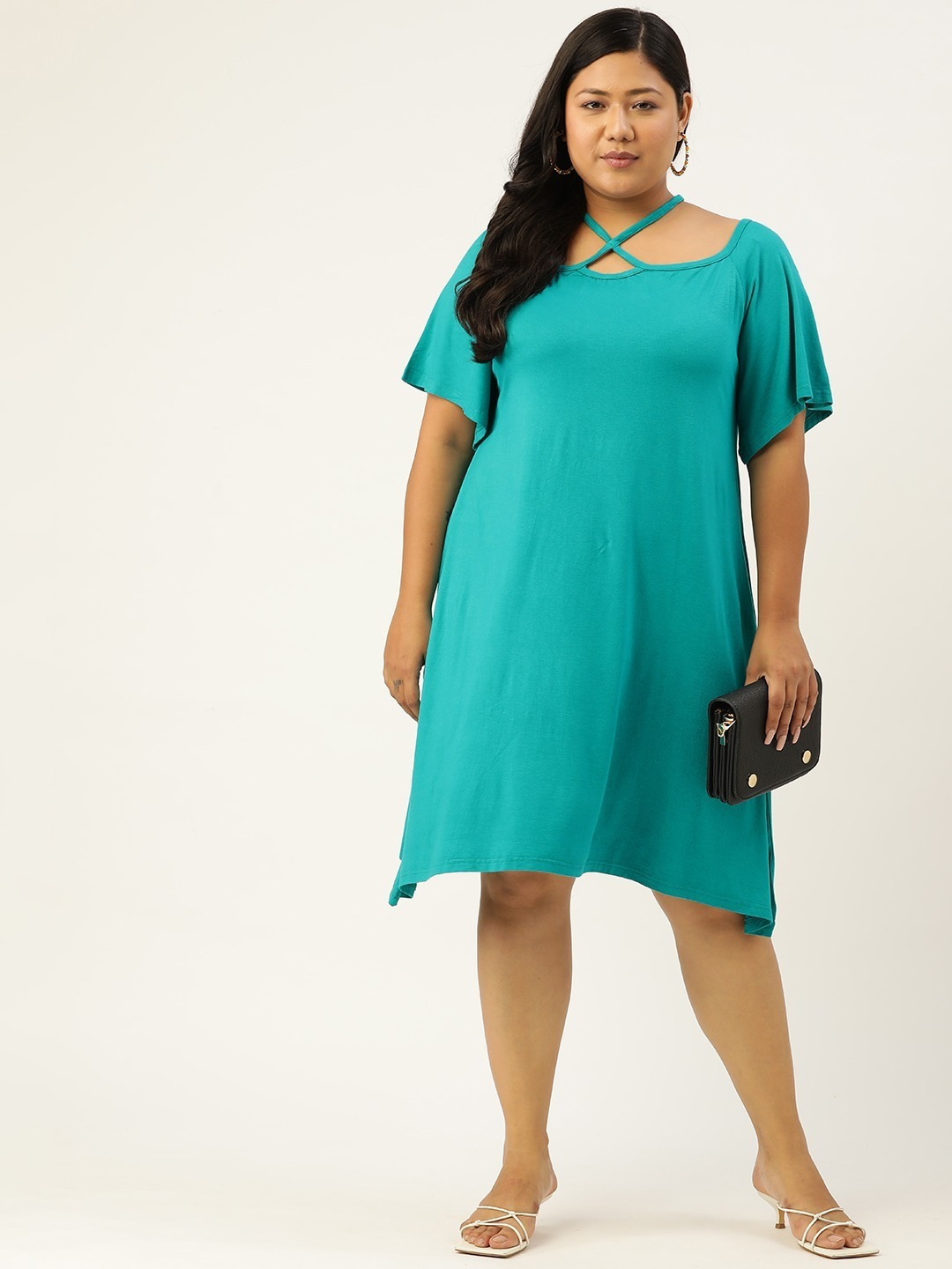 Women's Plus Size Turq Solid Color Party Wear A-Line Dress