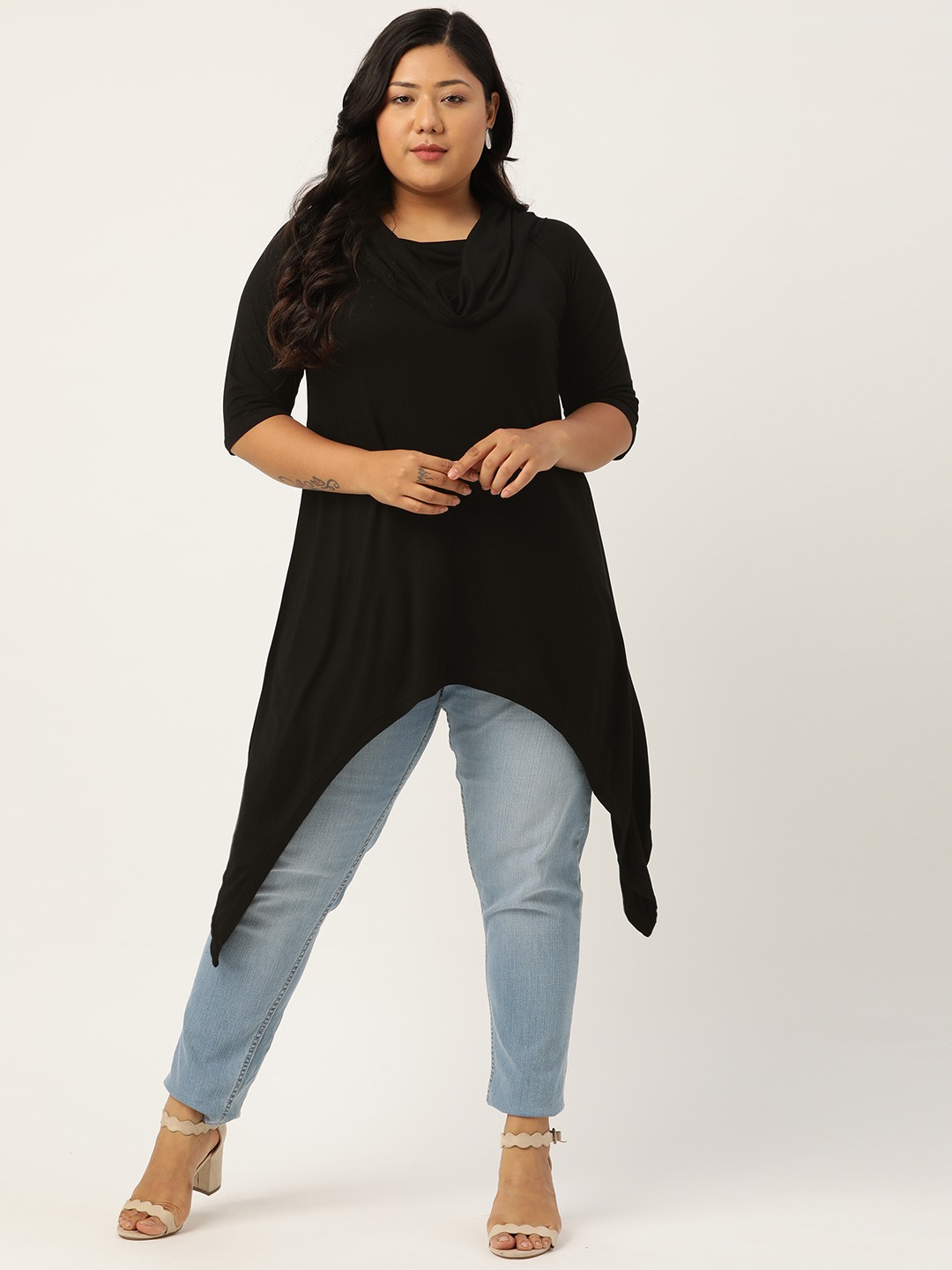 Women's Plus Size Black Off-Shoulder Asymmetrical Longline Top