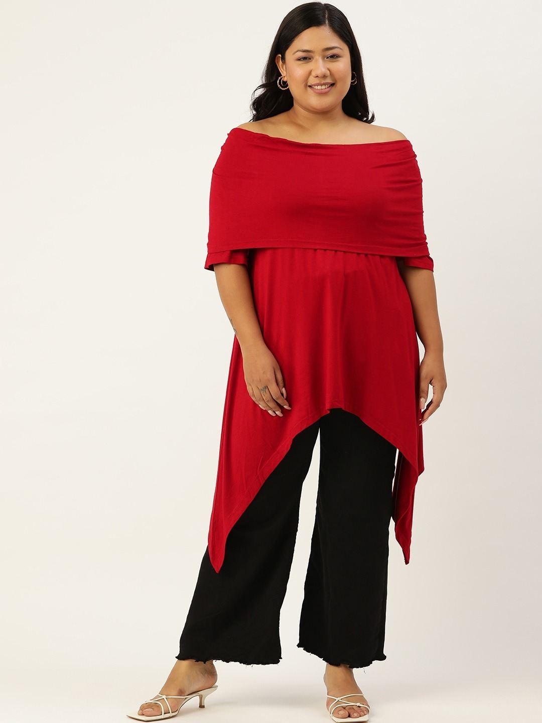 Women's Plus Size Maroon Off-Shoulder Asymmetrical Longline Top