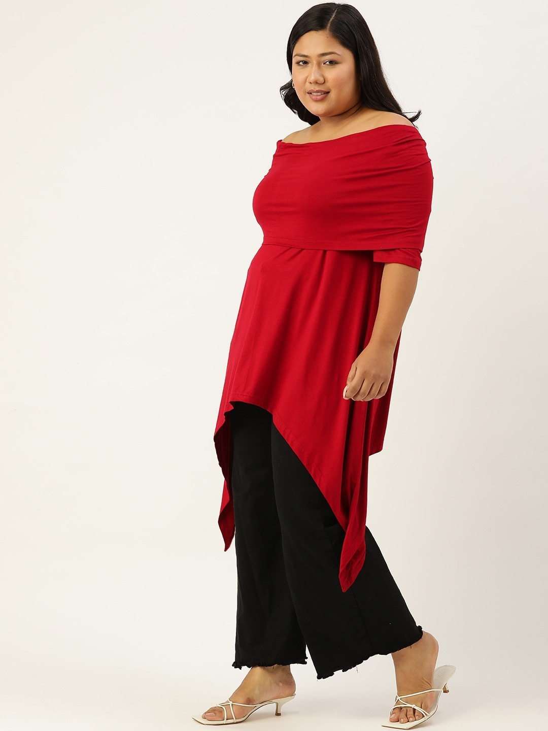 Women's Plus Size Maroon Off-Shoulder Asymmetrical Longline Top
