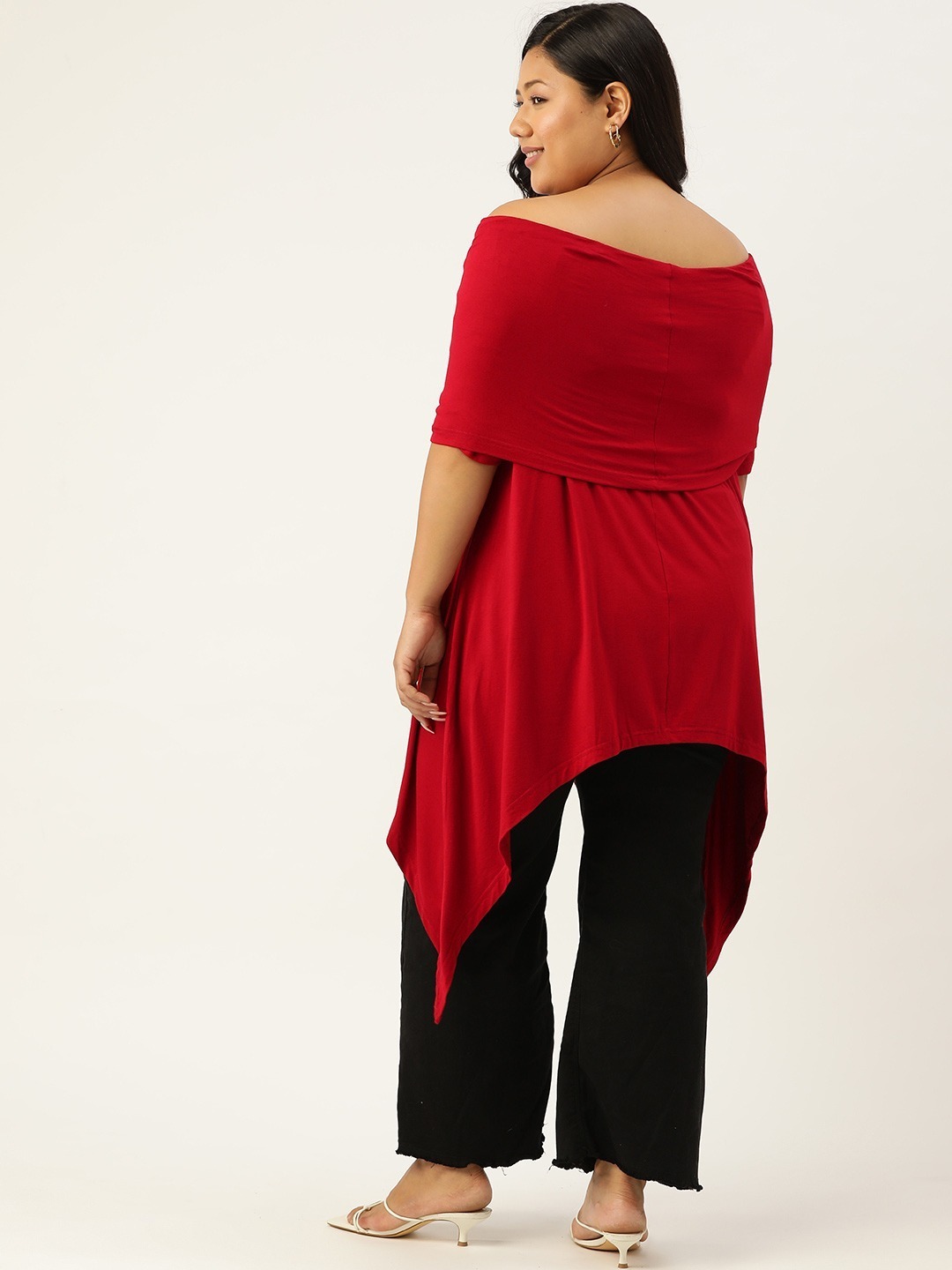 Women's Plus Size Maroon Off-Shoulder Asymmetrical Longline Top